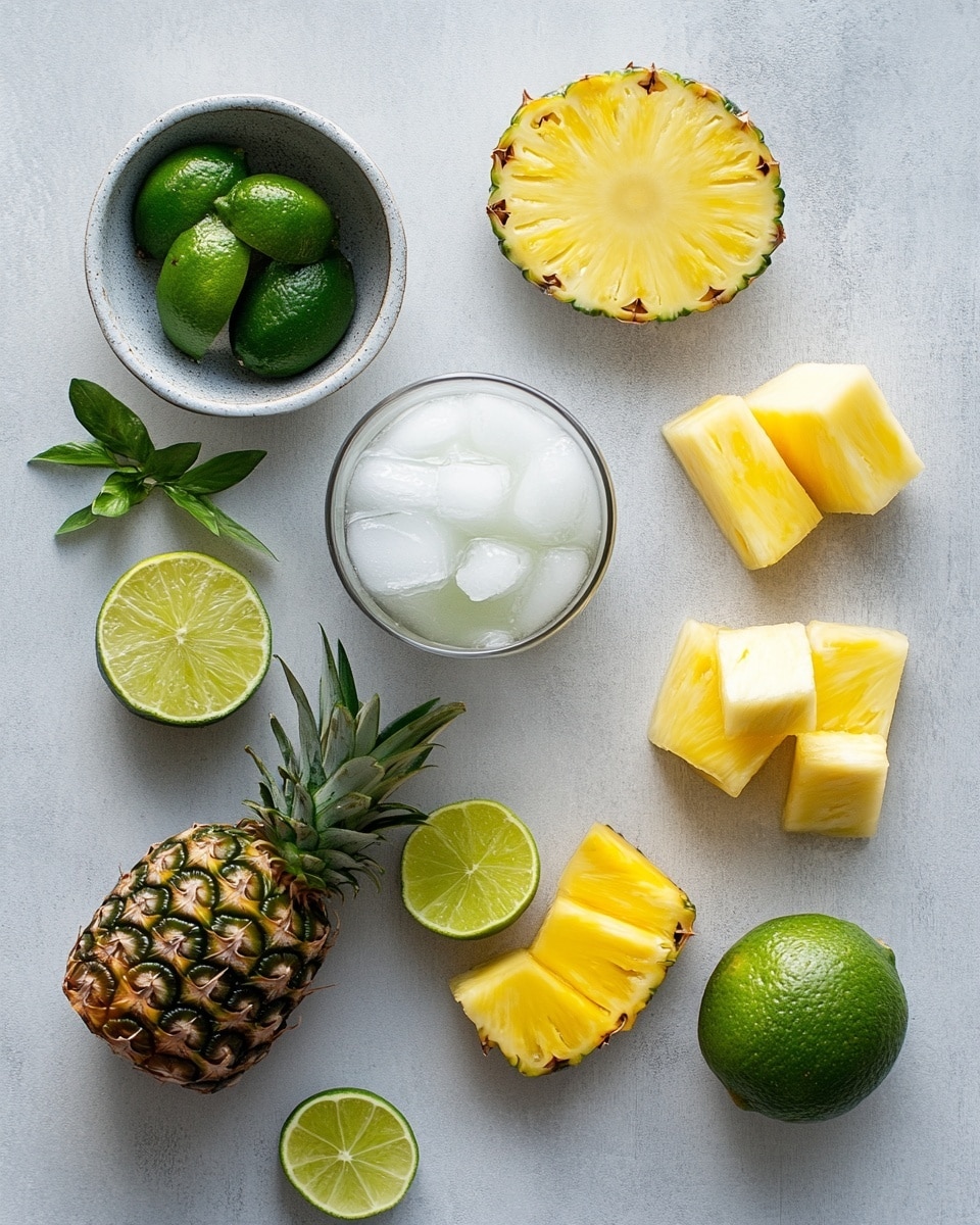 Two clear glasses filled with a light yellow drink and ice cubes sit on a white marbled surface. Each glass has three layers: a base of translucent ice, a middle layer of yellow liquid, and the top is garnished with two bright yellow pineapple chunks and a shiny red cherry on a small skewer placed across the rim. In the background, a whole pineapple and a white bottle with a tropical label stand, while a clear pitcher filled with the same yellow liquid is on the left side. Scattered around the glasses and pitcher are extra red cherries and pineapple chunks on the white marbled surface. photo taken with an iphone --ar 4:5 --v 7