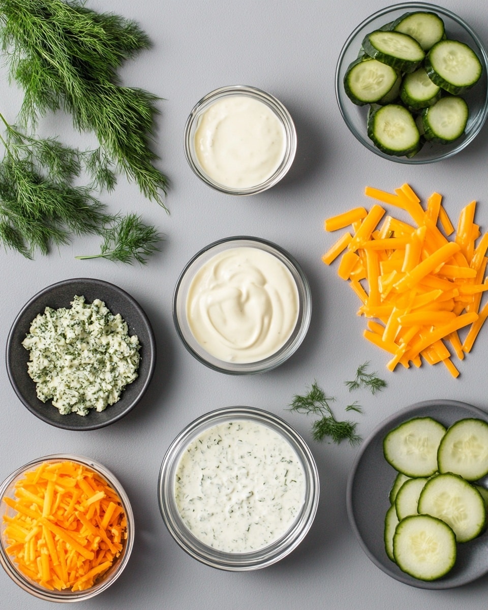 A white plate with a circle of small, round, golden-brown cheese crisps topped with melted cheese and green pickles in the middle of each crisp. At the center of the plate is a small white bowl filled with a creamy white dipping sauce with specks of herbs. Around the plate on a white marbled surface are small white bowls containing shredded yellow and white cheese, more creamy sauce, and green pickle slices. The cheese crisps have a crispy texture with slightly browned edges. photo taken with an iphone --ar 4:5 --v 7