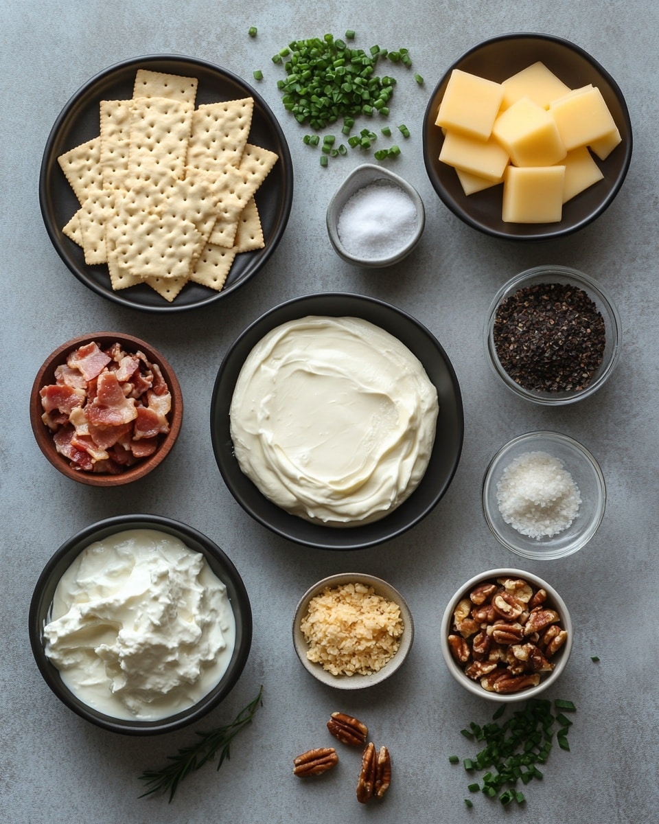 A round cheese ball sits on a wooden board with a white marbled background. The cheese ball has three main layers: the inside is creamy white cheese with a smooth texture, the middle layer is chunky pieces of bacon with pink and red colors, and the outside is covered with chopped walnuts and small green herbs, giving a rough and nutty look. Around the cheese ball, there are several light brown round crackers. A wooden-handled spreader knife lays near the cheese ball with some cheese on it. Small bits of green herbs are scattered on the board and marbled surface, adding color contrast photo taken with an iphone --ar 4:5 --v 7