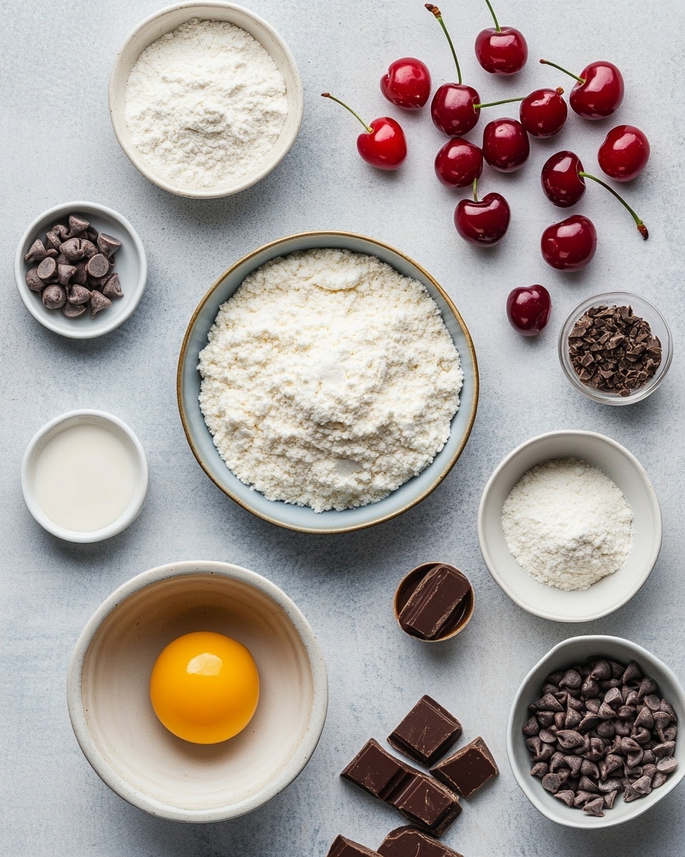 Fifteen round pink cookies are arranged neatly in three vertical columns on a black cooling rack. Each cookie shows small dark brown chocolate chips and bright red cherry pieces embedded throughout the soft, textured pink dough. The cooling rack sits on a white marbled surface, and parts of white bowls filled with cherries and chocolate chips appear at the top corners of the image. A white cloth with black spider web patterns is partly visible at the bottom left corner. photo taken with an iphone --ar 4:5 --v 7