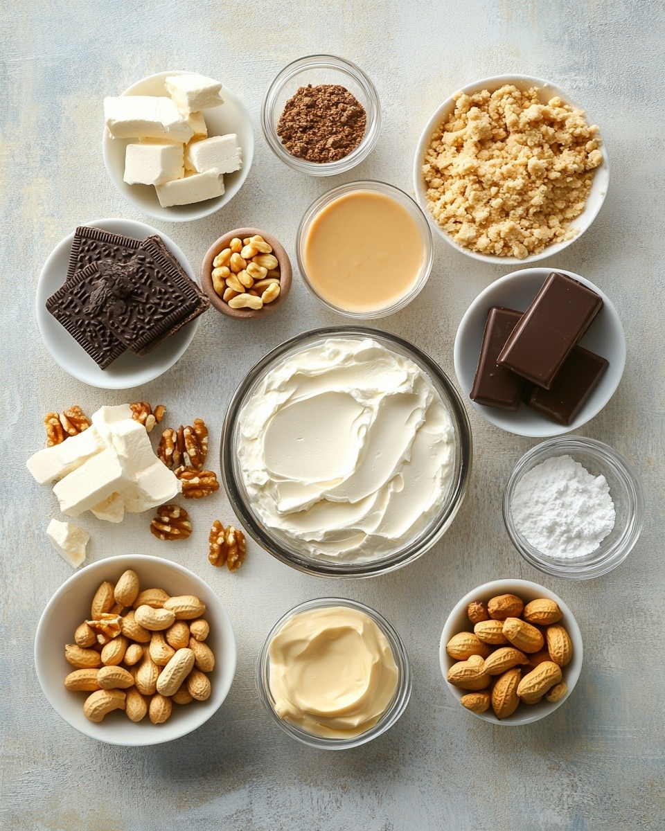 A slice of peanut butter cream pie sits on a white plate with a crumbly, golden brown crust at the bottom, followed by a thick, smooth peanut butter cream layer in light tan color, and topped with a fluffy white whipped cream layer sprinkled with small peanut pieces. A fork holds a bite of the pie, showing the creamy texture inside. In the background, a full pie in a foil pie pan with the same layers is slightly blurred on a white marbled surface, with some chopped peanuts scattered nearby. photo taken with an iphone --ar 4:5 --v 7