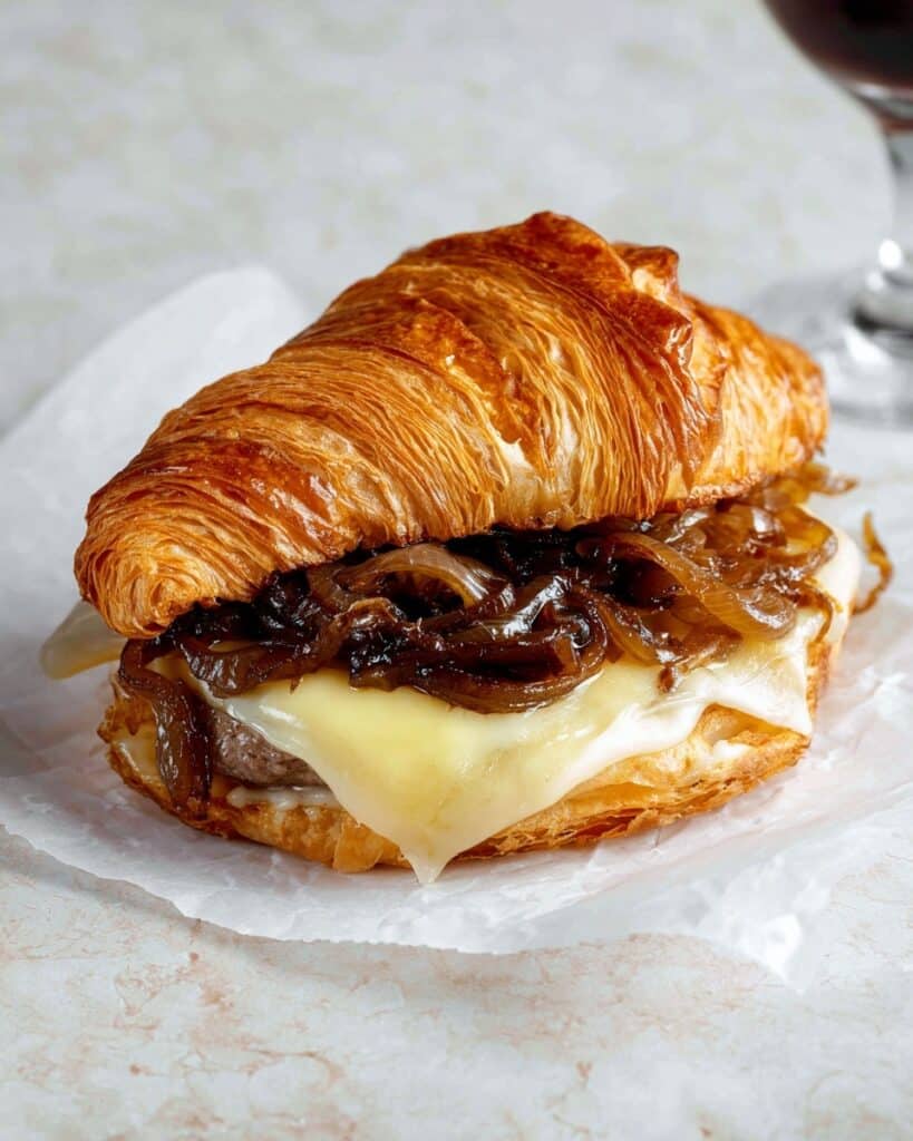 Croissant Burger with Cheddar and Spicy Mayonnaise Recipe