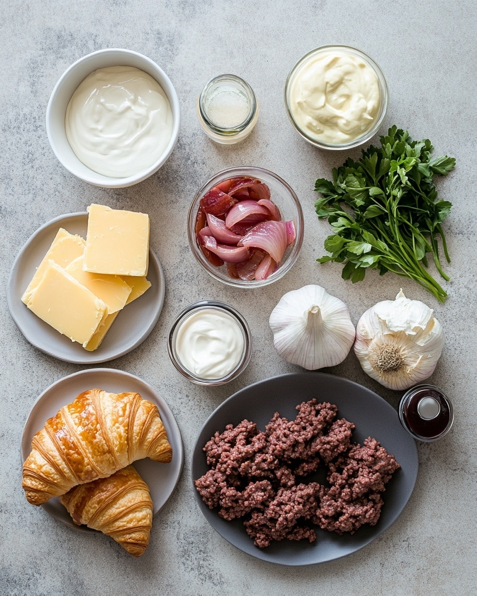 The image shows a croissant sandwich resting on crumpled white paper atop a white marbled surface. The croissant is golden brown and flaky, with visible layers and a slightly shiny crust. Inside, there are dark caramelized onions that look soft and glossy, sitting right on top of a thick layer of melted pale yellow cheese that oozes slightly from the sides. The sandwich appears warm, with the cheese partly melted over a hidden filling, possibly meat, beneath the onions. In the top-right background, a wine glass with a thin stem is slightly blurred. photo taken with an iphone --ar 4:5 --v 7