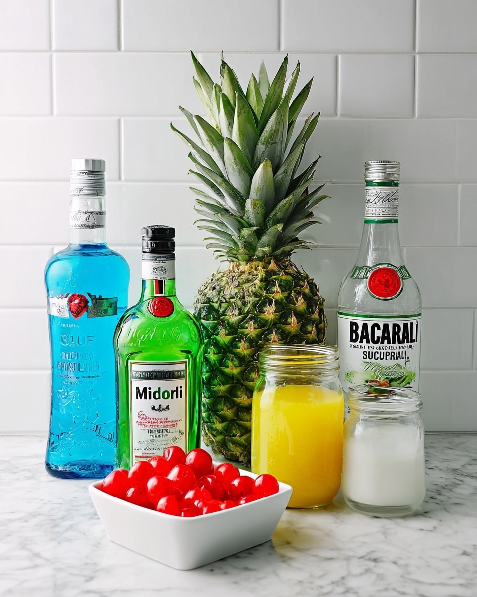 A tall, clear glass filled with a two-layered drink sits on a white marbled surface. The bottom layer is bright green and smooth, while the top layer is blue with crushed ice filling the glass almost to the brim. On the rim of the glass, a slice of yellow pineapple and a shiny red cherry are skewered together with a small pick. In the background, there are two blurred bottles and a whole pineapple lying on its side next to a white bowl filled with many red cherries. Photo taken with an iphone --ar 4:5 --v 7