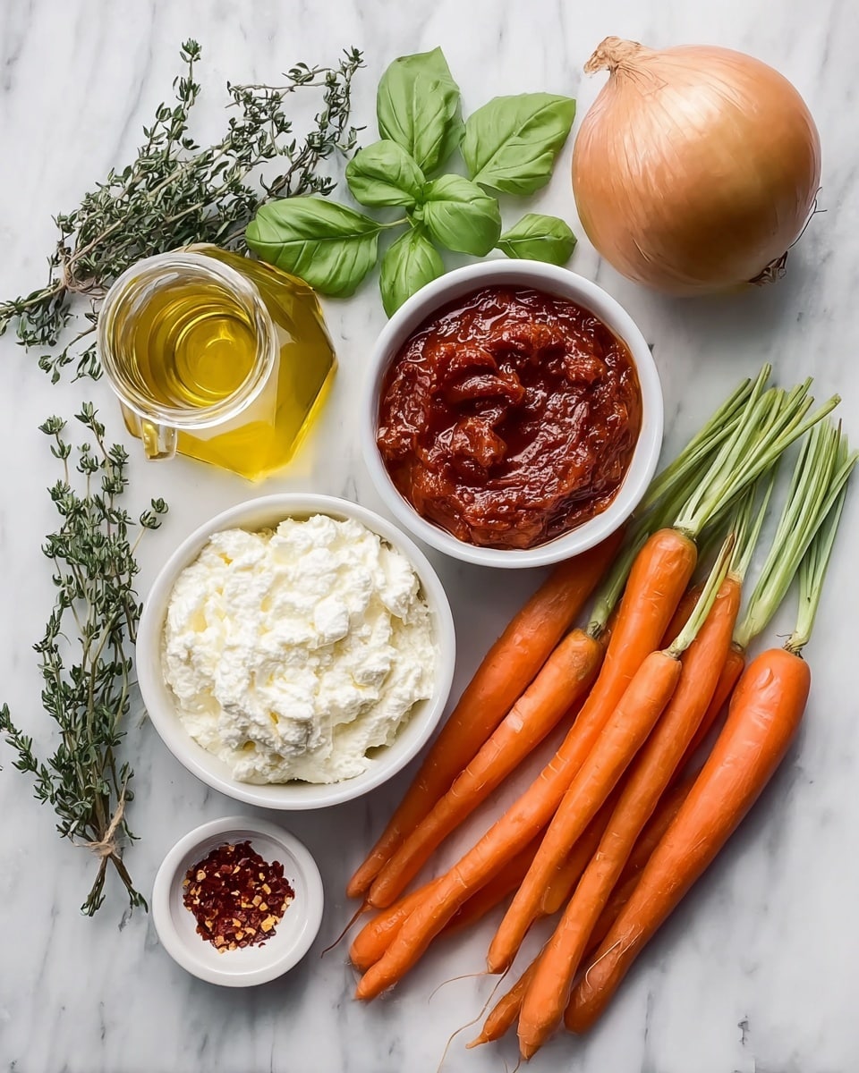 The image shows a white marbled surface with several fresh ingredients arranged neatly. On the right side, there are six bright orange carrots with green leaves. To the top right, a large light brown onion sits next to a bunch of fresh green basil leaves. In the center, two small white bowls contain rich red tomato paste in one and creamy white ricotta cheese in the other. There are also two glass containers of golden olive oil, one tall and one short, placed near the bowls. Near the olive oil, a small white bowl holds red chili flakes. Two sprigs of fresh green thyme lie on the surface, one at the top left and one at the bottom left, completing the composition. Photo taken with an iphone --ar 4:5 --v 7