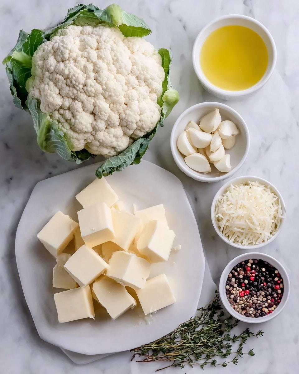 A whole white cauliflower with green leaves around the edges is placed to the left on a white marbled surface. To the right, there are five small white bowls arranged loosely: the top bowl has a smooth yellow liquid, below it is a bowl with several peeled white garlic cloves, next to it is a bowl filled with white shredded cheese, and on the bottom right is a bowl with mixed black, white, and red peppercorns. Fresh green thyme sprigs lay next to the bowls. In the foreground, a white plate holds multiple thick pale yellow cubes of butter, arranged in a loose pile. Photo taken with an iphone --ar 4:5 --v 7