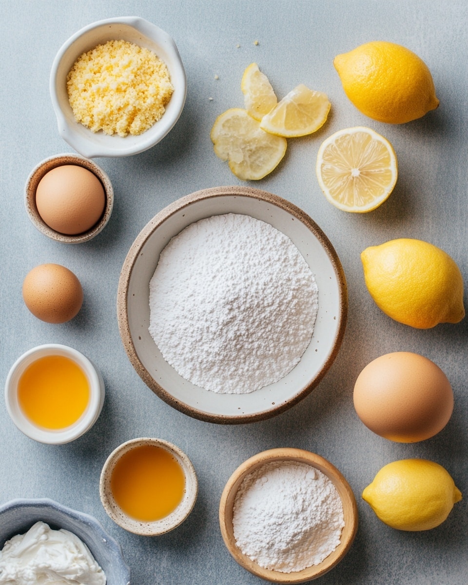 A stack of seven round yellow cookies with cracked tops dusted with white powdered sugar sits centered on a simple white plate, showing their soft and slightly crumbly texture. The top cookie has a bite taken out, revealing a moist, bright yellow inside. In the background, a blurred white plate holds more cookies, and a small yellow citrus wedge is partially visible near the bottom right corner, all set against a white marbled surface. Photo taken with an iphone --ar 4:5 --v 7