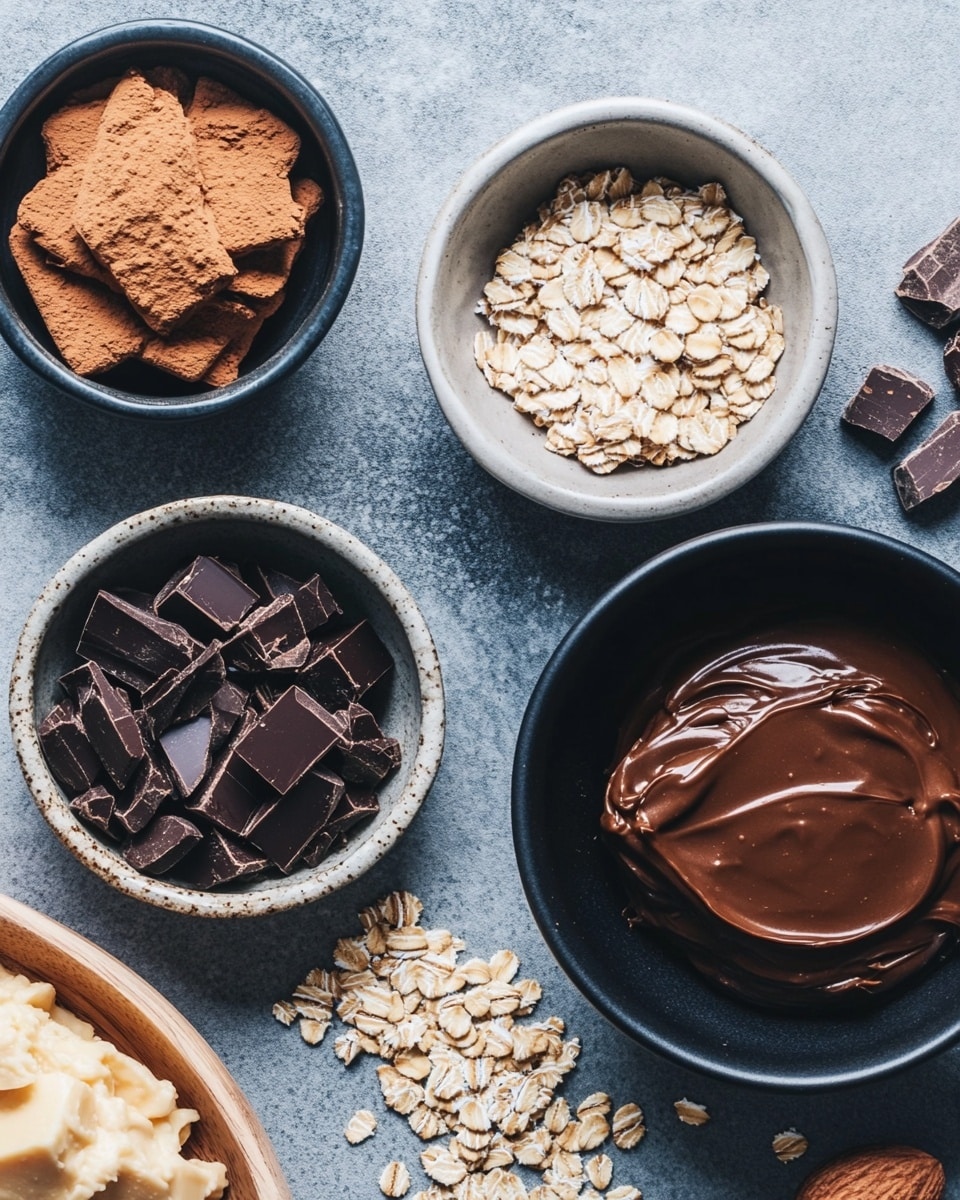 The image shows a close-up of several no-bake chocolate oatmeal cookies placed on a white marbled surface. The cookies have a rough texture with visible oats covered in a smooth, shiny chocolate layer, giving them a dark brown color. In the middle ground, there is a white bowl filled with creamy peanut butter that has a smooth, swirled top layer. One cookie is leaning against this bowl, prominently displayed in the front. There are loose oats scattered around the cookies on the white marbled surface. In the background, blurred cookies are piled together, and part of a glass with a black and white straw is visible on the left side. Photo taken with an iphone --ar 4:5 --v 7