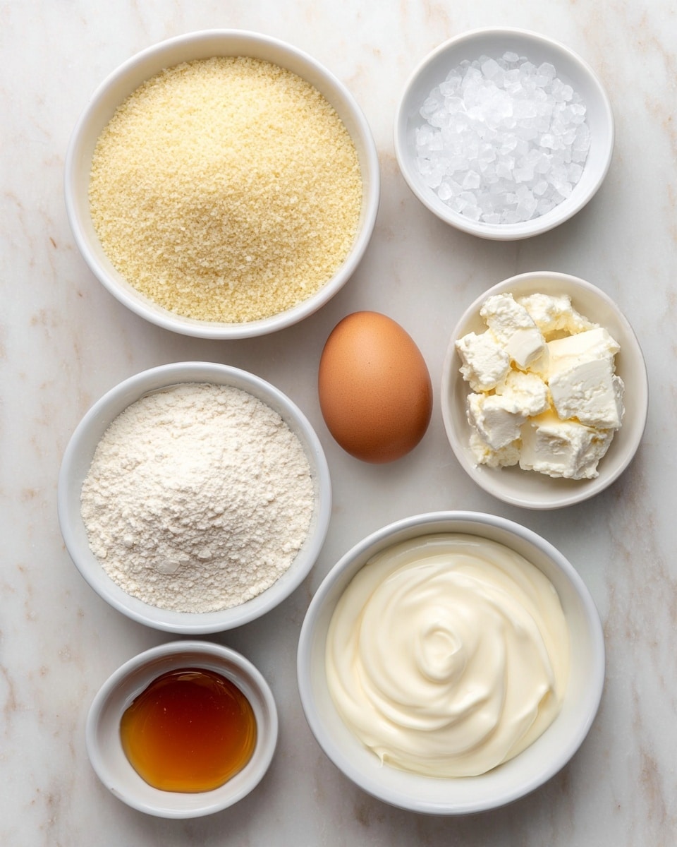 The image shows six separate items placed on a white marbled surface, arranged neatly. Starting from the top left, the first layer is a white bowl filled with coarse, pale yellow granules resembling cornmeal or semolina. To the right of it, there is a small white bowl containing large white salt crystals. Near the salt, an unbroken brown egg sits directly on the surface. Below the large bowl of granules, a white bowl holds fine white flour with a soft texture. Next to the flour, a white bowl contains white cream cheese or a similar soft white cheese with some texture and chunks. At the bottom left corner, a small white bowl contains a golden amber liquid that is somewhat thick, possibly honey or syrup. Finally, at the bottom right, a larger white bowl is filled with creamy, smooth white yogurt or sour cream. All items are clearly separated on the white marbled background. photo taken with an iphone --ar 4:5 --v 7