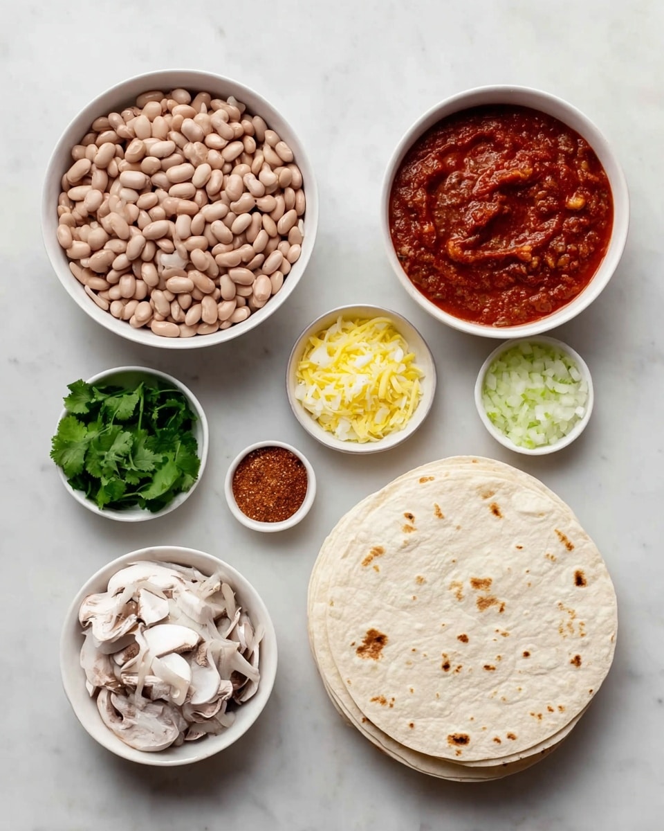 A top-down view of six white bowls and a stack of white tortillas arranged on a white marbled surface. The largest bowl on the left is filled with light brown beans. To the right, a smaller bowl holds thick red sauce with visible texture. Below it, another bowl contains finely chopped yellow and white onions. Below the onions is a medium bowl filled with thinly sliced white mushrooms with some dark edges. Below the mushrooms is a small bowl of bright green cilantro leaves. In the center, a tiny bowl holds reddish-brown seasoning powder. On the bottom right, a tall stack of plain white tortillas with light brown spots sits flat. Photo taken with an iphone --ar 4:5 --v 7