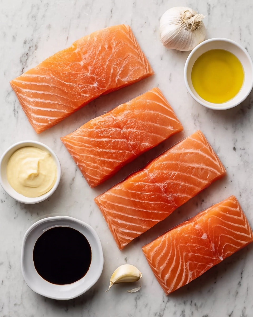 Four raw salmon fillets lie flat side by side on a white marbled surface, each with a bright orange color and smooth texture with visible thin white lines of fat. Around the salmon are four small white bowls—two filled with dark soy sauce, one with golden olive oil, and one with pale yellow mayonnaise or sauce. There are two garlic cloves, one whole and one peeled, placed near the bowls, adding a subtle white and off-white color contrast. The scene is well lit, showing clear details and fresh ingredients photo taken with an iphone --ar 4:5 --v 7