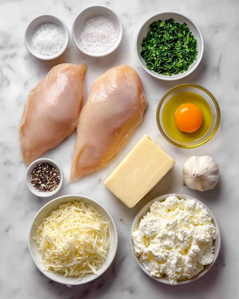Two raw chicken breasts lie in the center on a white marbled surface. Around them are eight small white bowls and containers holding different ingredients: top left has salt, top center has chopped green parsley, top right has a cracked raw egg with vibrant orange yolk, middle right has two whole garlic bulbs, middle center holds yellow olive oil in a small glass bowl, bottom right has a bowl filled with soft white ricotta cheese, bottom center shows a rectangular block of pale yellow butter, and bottom left contains a bowl of shredded white cheese. A very small white bowl with black and white pepper is near the chicken breasts. All elements are neatly arranged and cleanly presented. Photo taken with an iphone --ar 4:5 --v 7