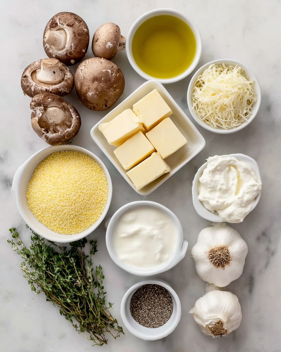 The image shows a group of fresh ingredients arranged on a white marbled surface. At the top left, there are several whole brown mushrooms with textured caps and thick white stems. To the right of the mushrooms, there is a white bowl filled with yellowish-green olive oil. Below the mushrooms and olive oil, there is a small square white dish holding six cubes of pale yellow butter. On the left, a white bowl is full of fine yellow cornmeal. In the center, fresh green thyme sprigs lie next to the butter and mushrooms. Below the cornmeal, there is a white bowl of thick white cream or sour cream. To the right of the cream, a small white bowl contains coarse white salt. Next to the salt, a bowl is filled with grated white cheese with a soft texture. At the bottom center, a whole bulb of garlic with white and papery skin is shown. To the right of the garlic, there is a small white bowl filled with ground black pepper. The photo taken with an iphone --ar 4:5 --v 7