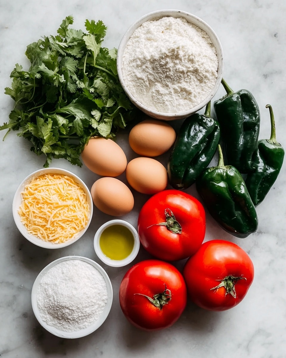 The image shows a white marbled surface with fresh cooking ingredients neatly arranged. There are three red tomatoes with green stems at the bottom right, four shiny dark green poblano peppers clustered at the top right, and a bunch of green cilantro leaves placed near the center left. Three brown eggs are arranged near the bottom left. Three small white bowls hold different ingredients: shredded pale yellow cheese at the top left, white flour in the middle, and fine white salt at the bottom right. A small amount of golden oil fills a small white bowl next to the eggs. The colors are vivid and the textures include smooth tomatoes, glossy peppers, leafy greens, and fine powdery flour. photo taken with an iphone --ar 4:5 --v 7