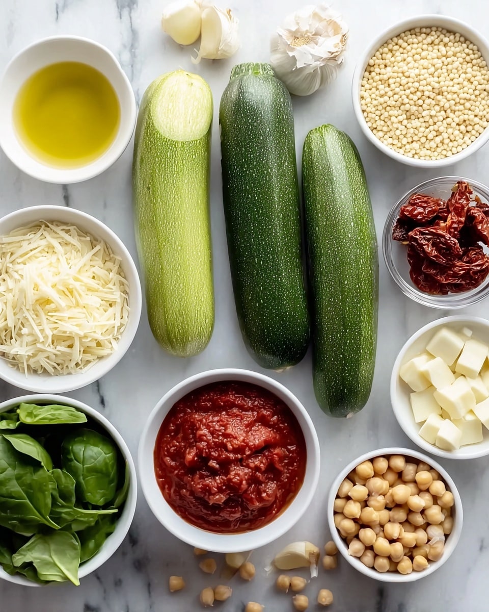 The image shows a flat lay of fresh cooking ingredients arranged on a white marbled surface. At the center are three green zucchinis, one partially peeled showing a lighter green inside. Surrounding the zucchinis are six white bowls with different contents: olive oil with a smooth golden yellow surface, shredded white cheese with a soft texture, fresh green spinach leaves that look crisp, whole garlic cloves with a pale cream color, chunky red tomato sauce with visible bits, sun-dried red tomatoes with a wrinkled texture, small round pale yellow chickpeas, a white bowl of small round couscous grains with a fine texture, and a bowl of garlic cloves and small white cubes possibly of cheese. Near the bottom, a few loose chickpeas are scattered. photo taken with an iphone --ar 4:5 --v 7