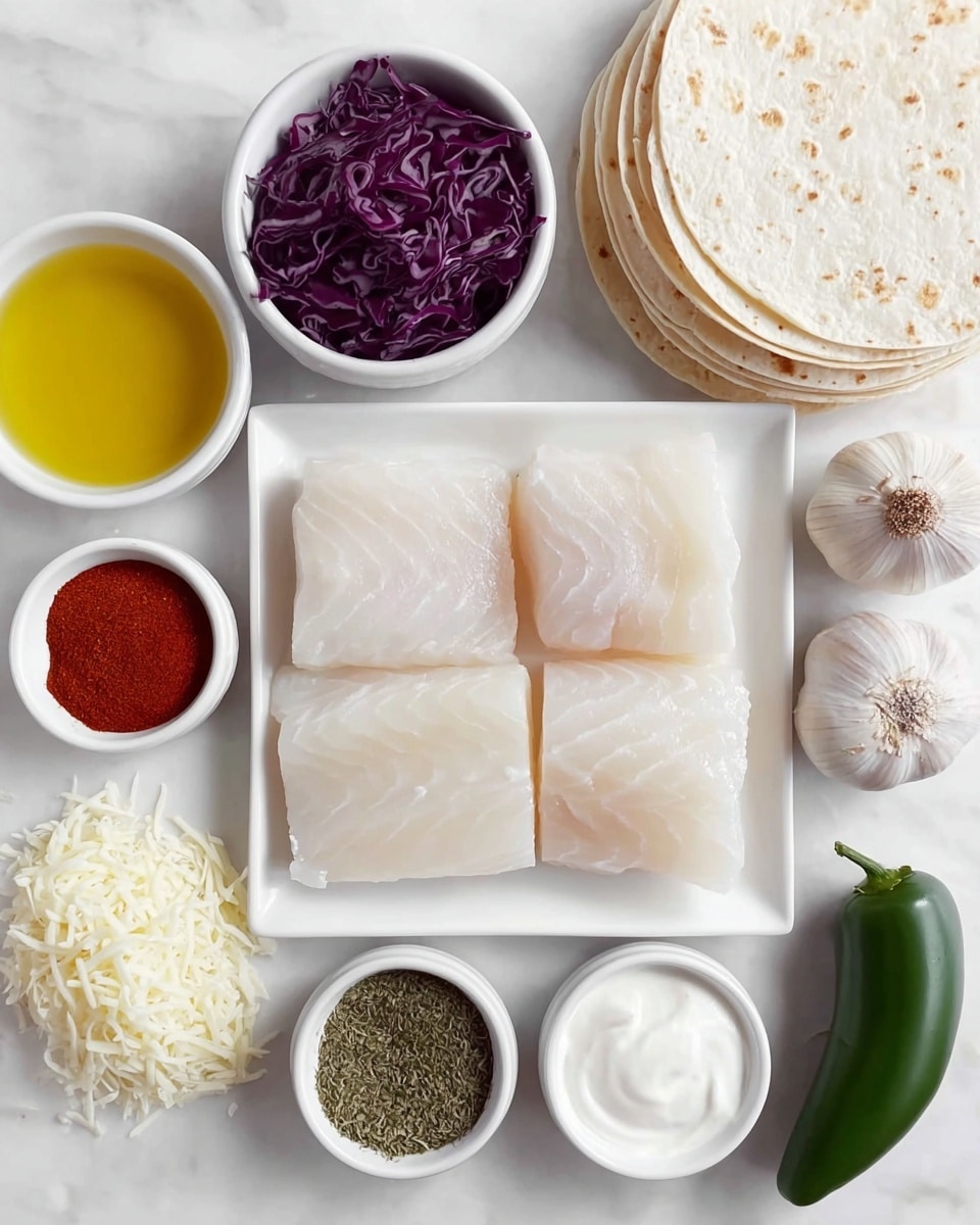 The image shows raw white fish fillets neatly placed in a square white plate in the center, with four pieces arranged in a grid. Around the fish, there are several small white bowls: one with bright yellow oil at the top left, one with finely shredded purple cabbage at the top right, one with smooth white sour cream at the right middle, one with bright red chili powder at the bottom left, and one with green dried herbs at the bottom middle. To the right of the fish, there is a stack of white tortillas topped with shredded white cheese. At the bottom right corner of the image, a whole green jalapeño pepper lies on the white marbled surface. Additionally, there are two whole garlic bulbs placed at the top right and two garlic cloves at the bottom left on the white marbled texture. The whole setup is on a white marbled surface creating a clean and neat presentation photo taken with an iphone --ar 4:5 --v 7