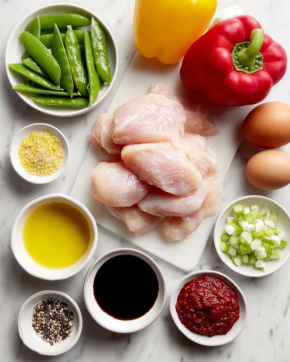 In the center on a white marbled surface, there are six pieces of raw chicken arranged in a slightly overlapping pile, pale pink and smooth. Around them, small white bowls hold different ingredients: bright green snap peas on the left, minced garlic below them, golden-yellow cooking oil at bottom left, and black pepper with white and red specks at bottom center. Above the pepper, dark soy sauce in a bowl. To the right near the soy sauce, there is a deep red paste in a bowl. Two brown eggs are placed on the right side, one near the pepper and soy sauce, the other near the yellow bell pepper. Whole red and yellow bell peppers are positioned at top left and right, with a small bowl of chopped white and green onions in the top center. The whole setup rests on a clean white marbled background. photo taken with an iphone --ar 4:5 --v 7