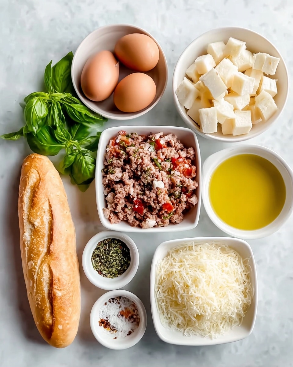 The image shows several bowls and ingredients arranged on a white marbled surface. There are three brown eggs on the top left, next to a bunch of fresh green basil leaves. Below the eggs is a long golden-brown baguette. To the right of the basil is a white bowl filled with golden olive oil. Near the top right, a white bowl contains chunks of soft white bread. Below this is a square white bowl filled with cooked ground meat mixed with small white bits, possibly cheese. Below the meat is a round white bowl full of shredded white cheese. To the left of this bowl, there are three small white bowls arranged in a line containing salt, mixed pepper flakes, and a chunky red tomato salsa with bits of onion and herbs. Next to the basil and bread is another small white bowl with finely grated cheese. Everything is neatly placed and the photo was taken with an iphone --ar 4:5 --v 7