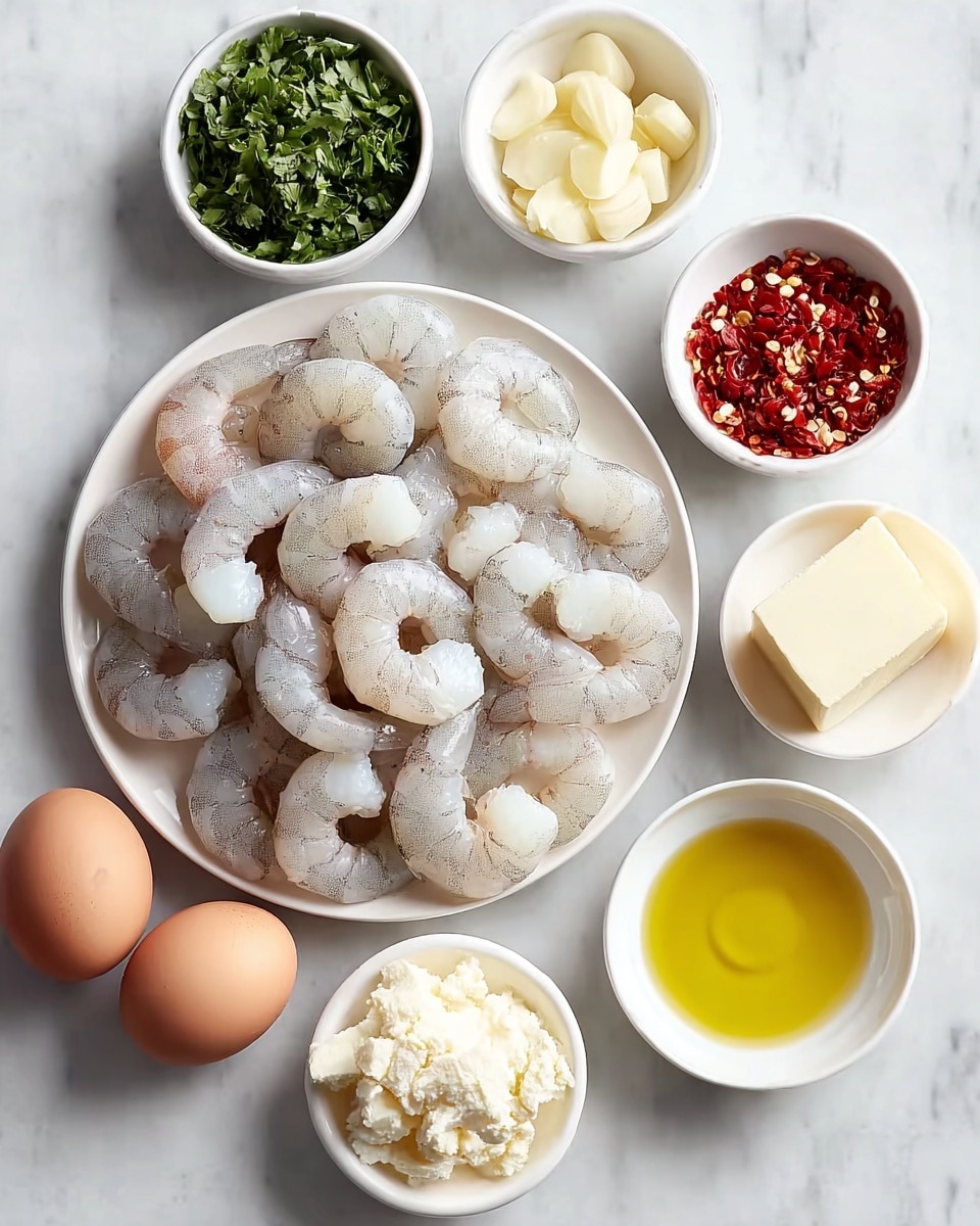A white round plate filled with a layer of raw shrimp that are gray and translucent, arranged in a slightly overlapping pattern. Around the plate, there are six small white bowls and two brown eggs on a white marbled surface. The bowls contain bright red chili flakes, chopped green herbs, peeled white garlic cloves, creamy pale yellow butter chunks, a small pile of white cream cheese or similar soft cheese, and a bowl of golden yellow olive oil. The eggs are placed near the top right corner, adding a natural texture contrast to the smooth bowls and white marbled surface. The scene is neatly arranged, highlighting the fresh ingredients simply and cleanly. photo taken with an iphone --ar 4:5 --v 7