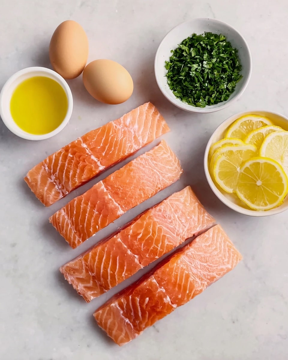The image shows four raw salmon fillets placed side by side on a white marbled surface, each with a smooth pinkish-orange color and fine white lines of fat. At the top left, two light brown eggs rest near a small white bowl filled with a light yellow oil. Next to it, there is another small white bowl containing fresh green chopped herbs, and to the right, a white bowl is filled with thin, round slices of bright yellow lemon. The overall arrangement is neat with all items spread out evenly and clearly visible. Photo taken with an iphone --ar 4:5 --v 7