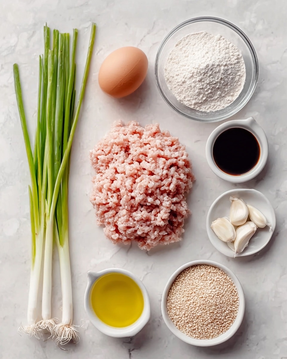 The image shows a top view of a white marbled surface with neatly arranged cooking ingredients. In the center is a rough mound of light pink ground meat. To the left of the meat are three fresh green onions with white roots and green stalks. Above the green onions is a single light brown egg. Above the egg is a clear glass bowl filled with white powder, probably flour. To the right of the flour bowl is a small white bowl filled with dark soy sauce. To the right of the meat is a small white bowl filled with white granular salt. Below the salt bowl are two garlic cloves with white peel, placed side by side. Below the garlic cloves is a small white bowl containing a yellow liquid, possibly oil. Directly below the meat is another small white bowl filled with beige sesame seeds. The ingredients are spaced evenly and clearly visible. photo taken with an iphone --ar 4:5 --v 7