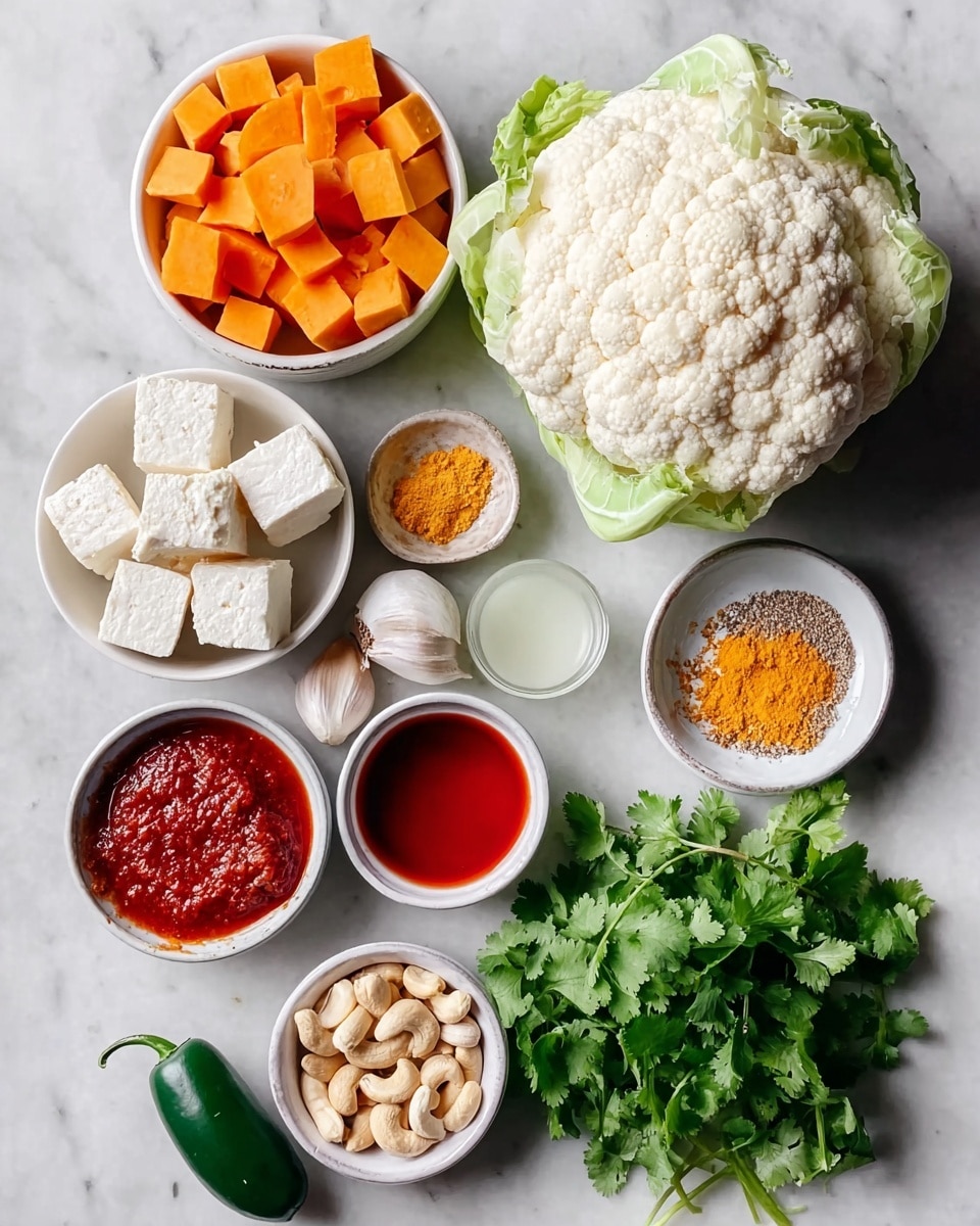 A white marbled surface holds a fresh cauliflower head with light green leaves on the right side, next to a bunch of bright green cilantro. Surrounding these are small white bowls containing diced orange sweet potatoes, white tofu cubes, pale beige cashew nuts, golden yellow turmeric powder, light brown ground spice, bright red chili sauce, and a white liquid, all arranged in a neat circle around the cauliflower. Two whole garlic bulbs and a dark green jalapeño pepper complete the spread. The overall look is colorful with a mix of fresh vegetables, spices, and nuts. photo taken with an iphone --ar 4:5 --v 7