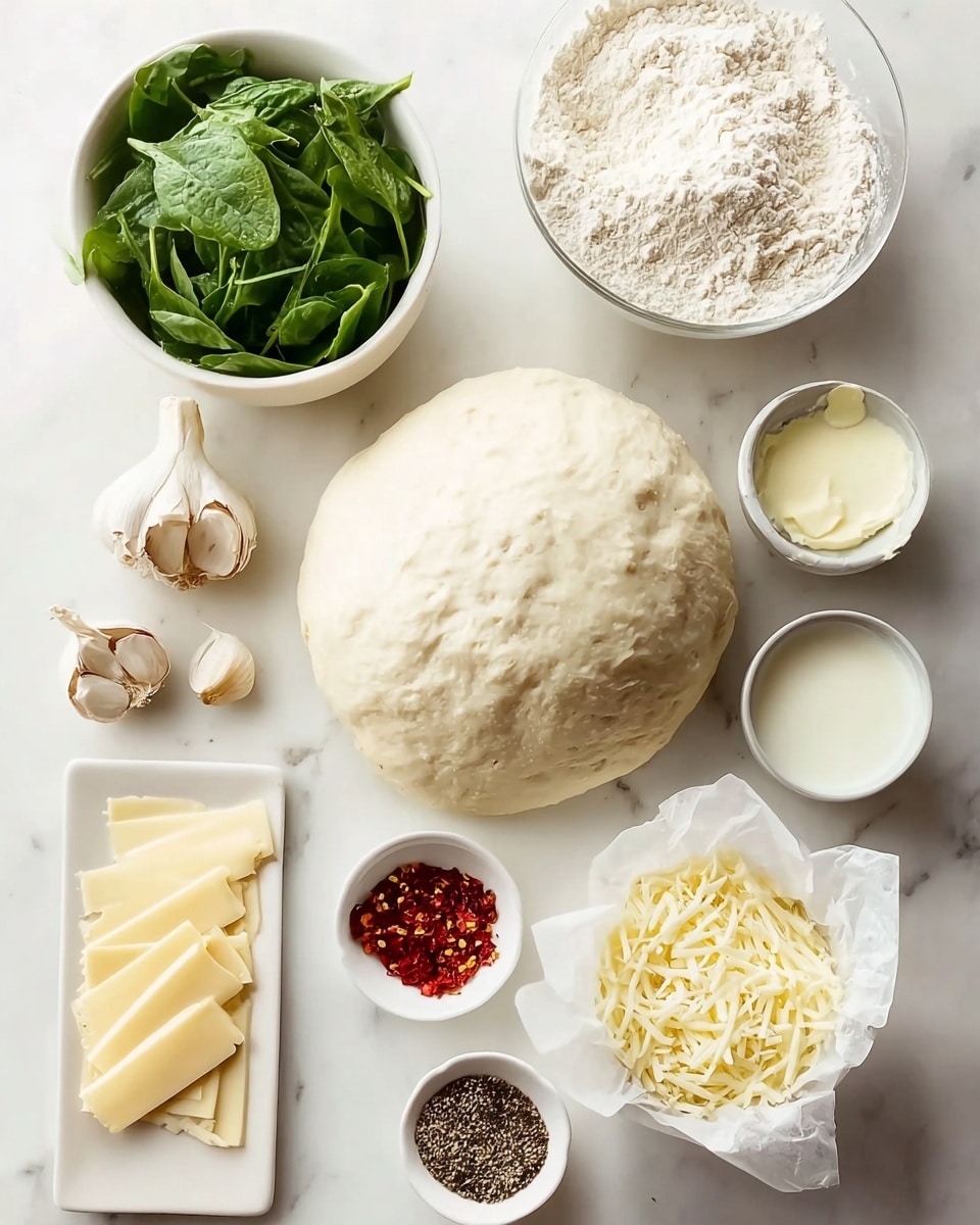 A large ball of pale dough sits in the center on a white marbled surface, surrounded by small white bowls and a rectangular white plate holding ingredients. To the top left is a white bowl filled with fresh green spinach leaves, next to a clear bowl full of white flour. On the top right, there are several garlic cloves and small white bowls containing creamy milk, soft white butter, and a mix of black and white pepper. Near the bottom left, the white plate holds neatly arranged pale yellow slices of cheese. The bottom center features a small white bowl with red chili flakes, and to the right, shredded white cheese is piled up in a white paper cup. A small bowl of olive oil and crushed pepper are on the left side. All items are neatly placed, clearly showing their texture and color with natural lighting. photo taken with an iphone --ar 4:5 --v 7