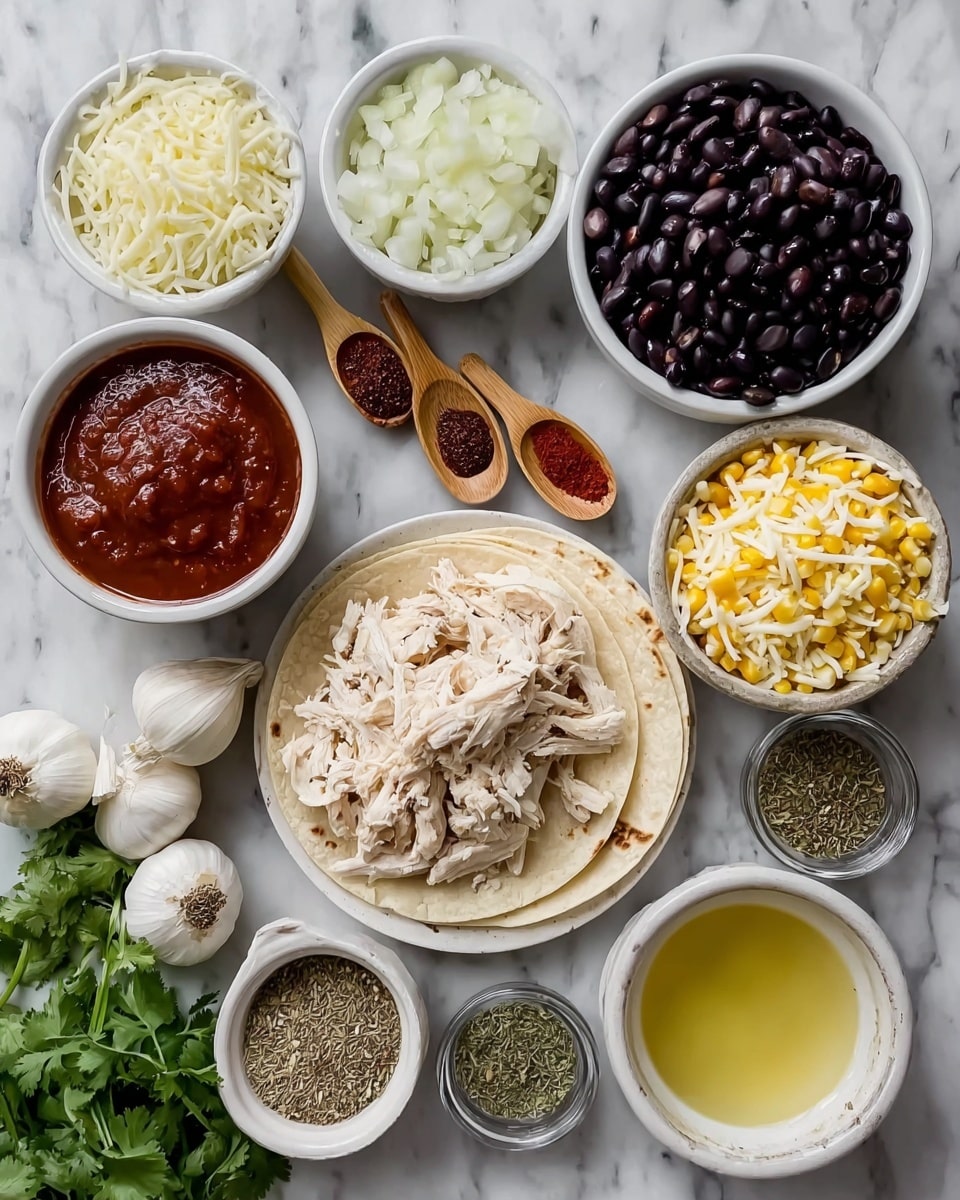 The image shows several small white bowls and plates arranged on a white marbled surface. In the center, there is a plate with two stacked tortillas topped with shredded white cooked chicken. Surrounding it, from top left clockwise, are a bowl of thick red sauce, a bowl with chopped white onions, two small wooden spoons with red and black spices, a bowl full of black beans, a bowl containing yellow corn mixed with shredded white cheese, a bowl with light yellow liquid, a bowl filled with dried herbs and spices, and fresh green cilantro next to three whole garlic bulbs at the bottom left. The textures range from soft shredded chicken and creamy sauces to crisp vegetables and grains. photo taken with an iphone --ar 4:5 --v 7