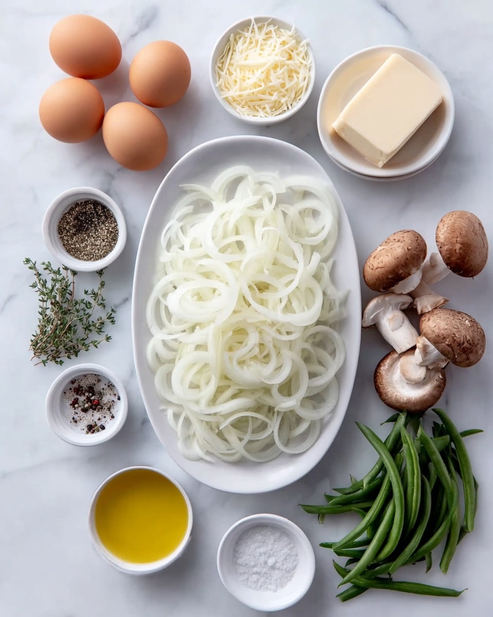 The image shows a white oval plate in the center filled with a large pile of thin, white onion rings that look fresh and slightly translucent. Surrounding the plate are small white bowls and loose ingredients placed on a white marbled surface: at the top left are four brown eggs, below them a small white bowl with mixed black and white pepper, and a few green thyme sprigs next to it; to the top center is a small white bowl filled with finely shredded white cheese; to the top right is a small white bowl with a pale cream block of butter, next to several whole brown mushrooms with white stems; at the bottom left is a small white bowl with yellow olive oil; at the bottom right is a small white bowl filled with fresh green beans, and next to them is a small white bowl of white salt. The layout is neat and well-arranged, all on a bright white marbled background photo taken with an iphone --ar 4:5 --v 7