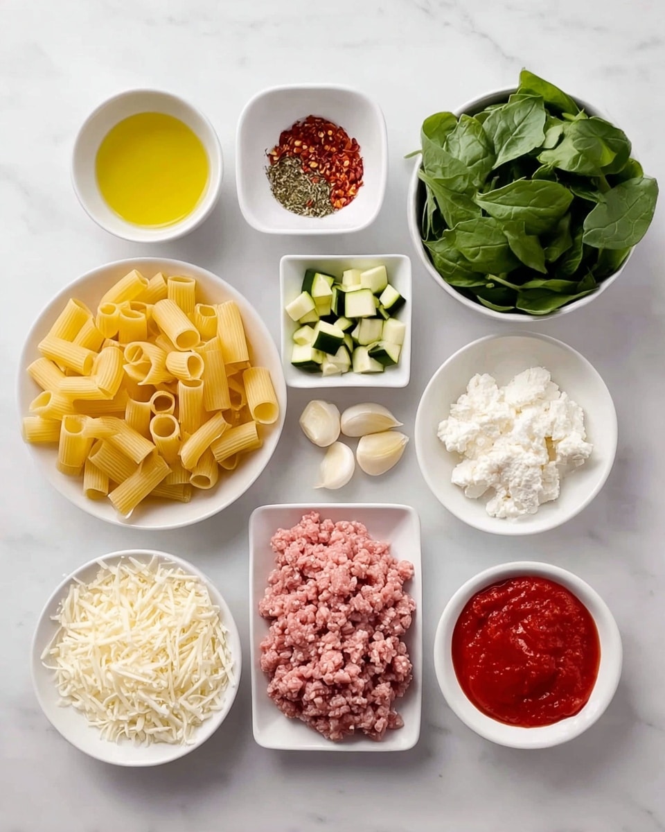 Nine white bowls and plates are arranged neatly on a white marbled surface, each holding a different ingredient. Starting from the top left, a bowl with light yellow olive oil next to a small bowl of red chili flakes, and to the right, a bowl filled with fresh green spinach leaves. Below the oil, a bowl contains dried green herbs, followed by a square bowl with small, light green diced zucchini in the center. Below the chili flakes, a small bowl with ten peeled garlic cloves sits above a plate of yellow rigatoni pasta tubes on the left. Below the spinach is a large plate of raw ground meat with a pinkish color. At the bottom left, a white plate holds shredded white cheese, with a small bowl of white ricotta cheese next to it, and a bowl of chunky red tomato sauce to the right. The scene is bright and clean with all ingredients visible and separated. photo taken with an iphone --ar 4:5 --v 7