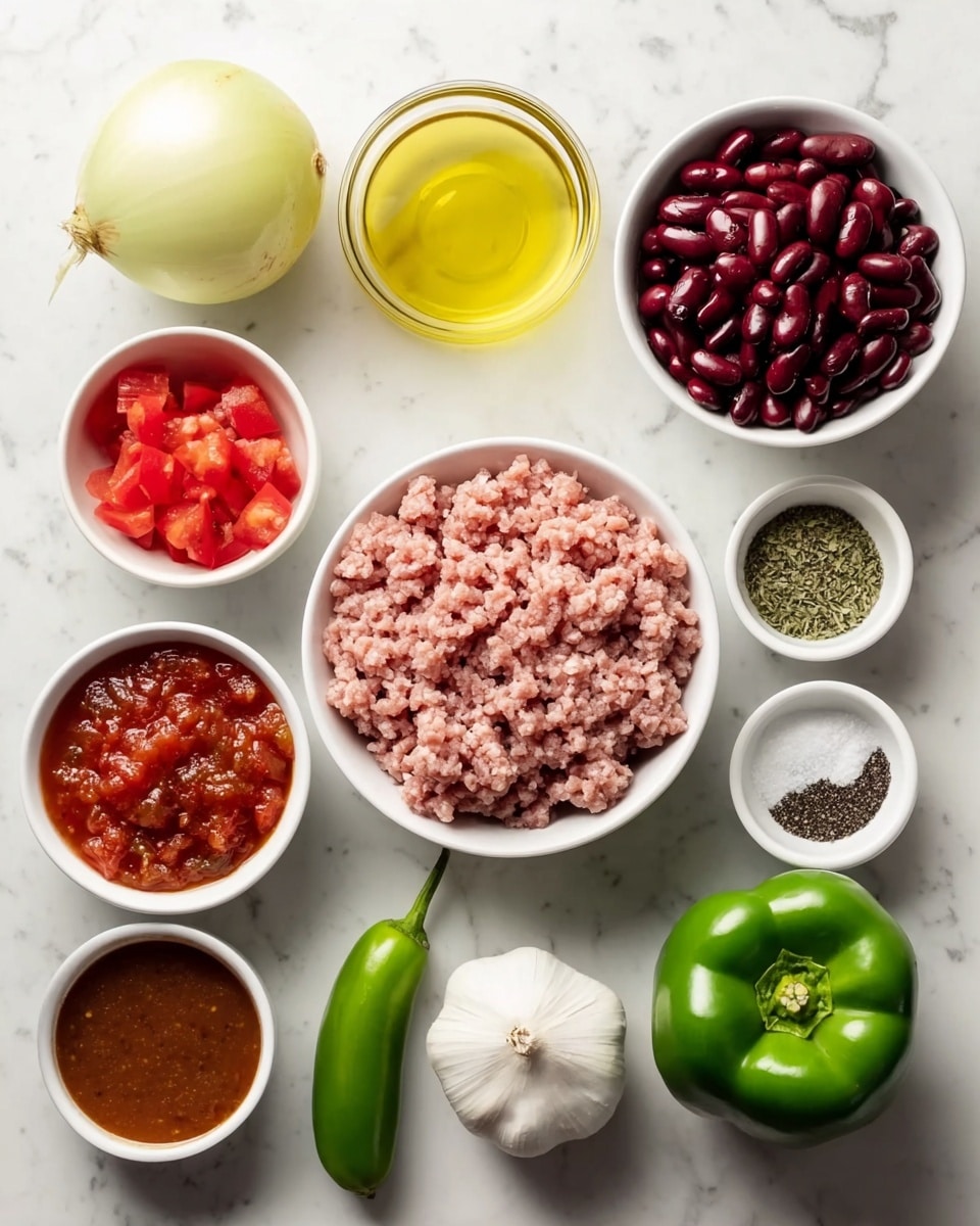 The image shows a top view of eleven ingredients arranged neatly on a white marbled surface. In the center, there is a white bowl filled with pale pink ground meat. To the right is a white bowl containing dark red kidney beans, and above it, a bowl with brownish liquid sauce. Next to that is a small bowl with dried green herbs. Below the beans is a small bowl with half black pepper and half white salt. On the bottom left is a white bowl with reddish chunky tomato salsa, and above it a bowl of finely chopped red tomatoes. To the left of the meat are three whole raw vegetables: a yellow onion at the top center, a smooth green chili pepper below it, and a green bell pepper to the lower left. Below these is a whole white garlic bulb. Above the meat bowl is a clear glass bowl filled with golden yellow cooking oil. Everything is well spaced and clean. photo taken with an iphone --ar 4:5 --v 7