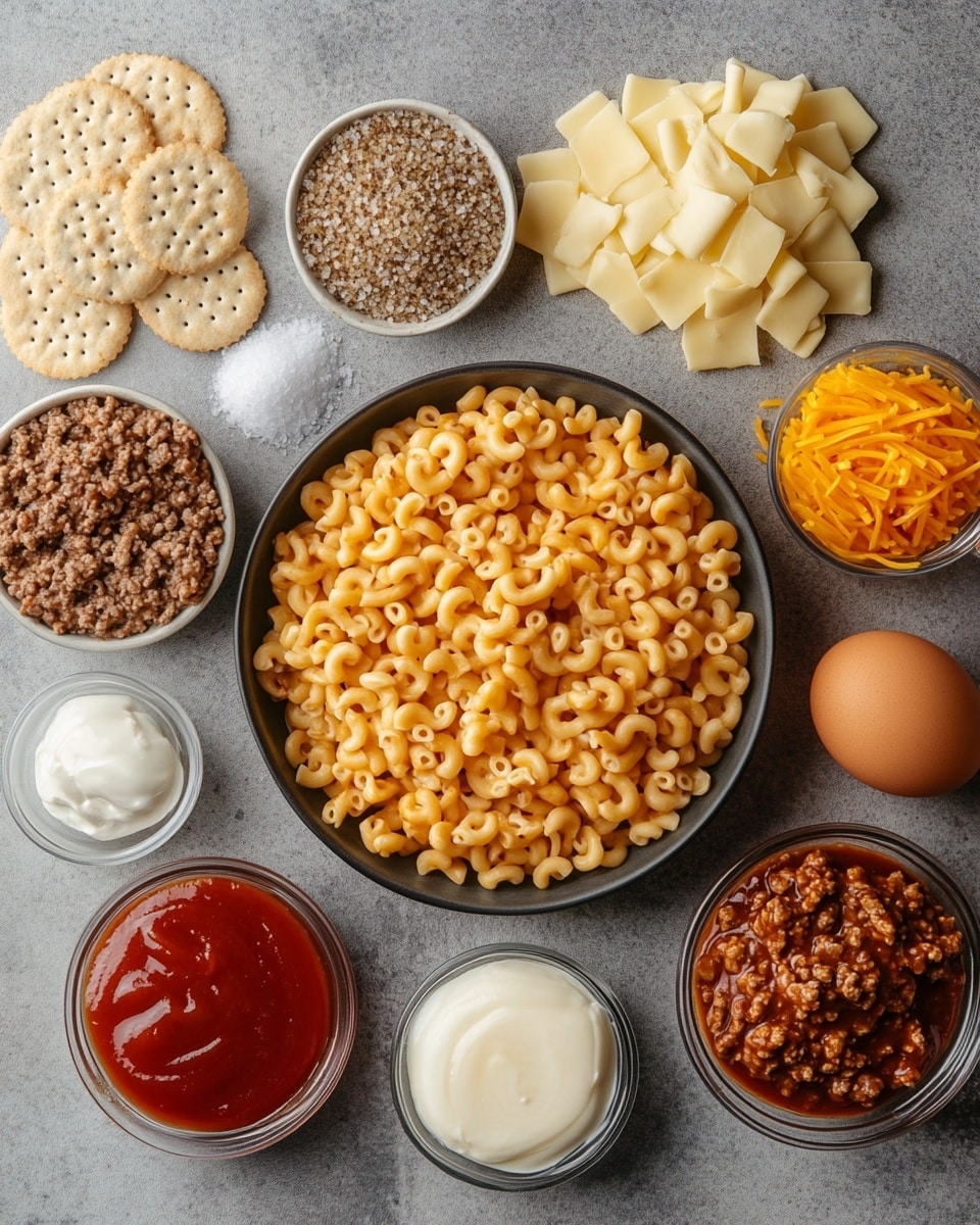 This image shows a thick slice of baked macaroni and ground meat casserole on a white plate with a white marbled background. The dish has three clear layers: the bottom layer is light golden macaroni pasta mixed with browned ground meat, the middle layer is a creamy cheese sauce, and the top layer is melted and browned orange cheddar cheese with some darker golden spots, giving it a crispy texture. The slice has a soft and rich look with the edges showing pasta and meat clearly visible. Photo taken with an iphone --ar 4:5 --v 7