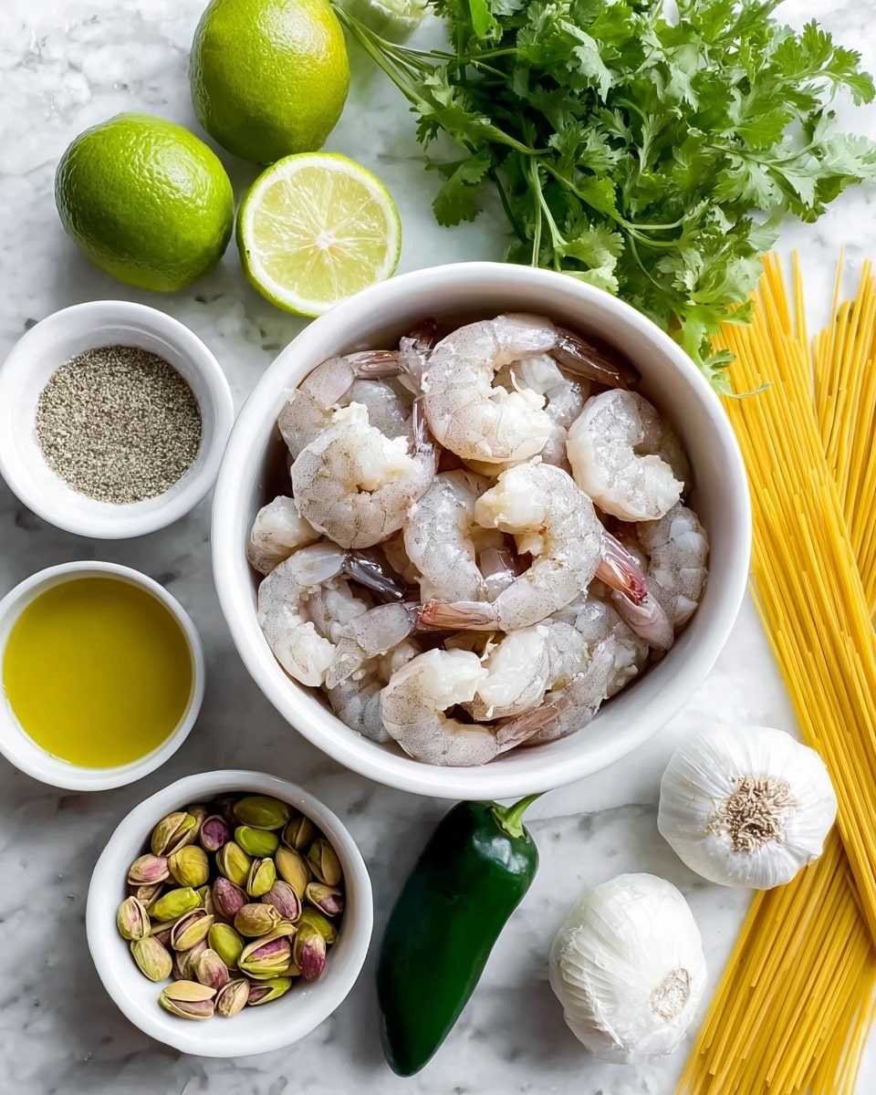 A white bowl in the center filled with raw shrimp showing light gray and pink colors and curled shapes, surrounded by small white bowls and fresh ingredients on a white marbled surface; to the top left and right are two halves of bright green lime, above them is a bunch of fresh green cilantro leaves, to the top right a bundle of uncooked yellow spaghetti strands, below the shrimp bowl a small white bowl of olive oil shines golden yellow, next to it a white bowl filled with green and brown pistachios, a small white dish of salt and black pepper mix is near the bowls, a whole dark green jalapeño lays near two white garlic bulbs, and a small white bowl with yellow oil completes the ingredients visible photo taken with an iphone --ar 4:5 --v 7