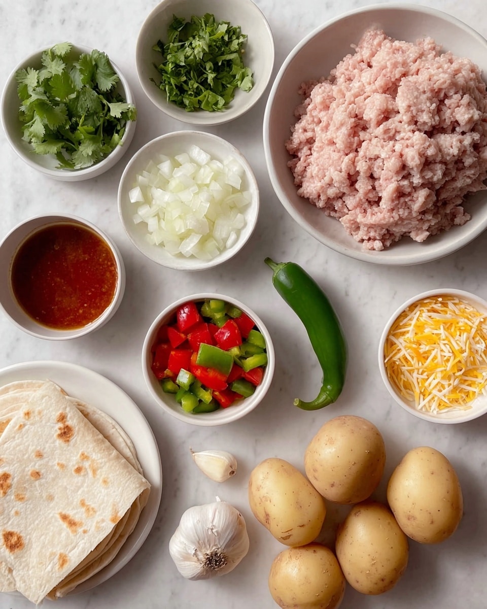 This image shows several white dishes arranged on a white marbled surface, each holding different ingredients. One large dish holds a mound of pale pink ground meat with a coarse texture. Nearby, a small bowl contains fresh green cilantro leaves, another small bowl has finely chopped white onions, and a third small bowl holds a shiny, reddish-brown sauce. There is a medium bowl filled with chopped red and green bell peppers showing bright, fresh colors. A small plate displays a single whole green chili pepper, and another small plate holds a stack of soft, folded white tortillas with light brown spots. Clustered close together are five light tan round potatoes, smooth and clean. A final bowl contains a heap of finely shredded cheese in white and pale yellow tones. Two cloves of garlic are placed between the bowls, adding to the fresh ingredients. photo taken with an iphone --ar 4:5 --v 7
