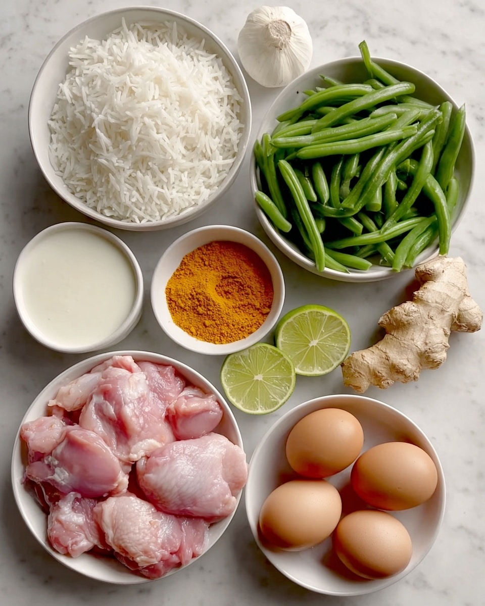 The image shows several ingredients on a white marbled surface, each in white bowls or placed directly on the surface. In the bottom left, there is a white bowl filled with raw pink chicken pieces showing smooth and moist texture. Above it to the left, a white bowl is full of fluffy white cooked rice with distinct grains. To the right of the chicken, there is a small white bowl with a bright orange powder. Above the orange powder are two thin slices of lime, showing light green flesh with white veins. To the upper right of the lime is a larger white bowl filled with fresh, bright green beans with a smooth texture. Near the center of the image is a piece of light brown ginger root with a rough, knobby surface. Above the ginger is a round white bowl holding three brown eggs with smooth shells. To the upper left of the eggs is a white bowl filled with a creamy white liquid. Finally, there is a whole white garlic bulb with papery skin near the green beans. The composition is neat and evenly spaced. photo taken with an iphone --ar 4:5 --v 7