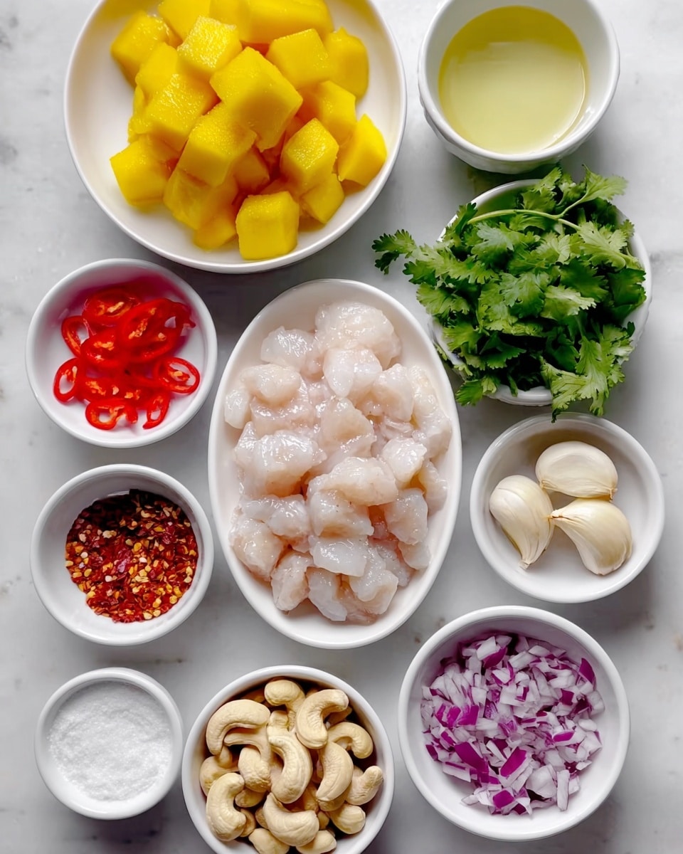 The image shows several white bowls arranged on a white marbled surface with ingredients for a dish. In the center, there is a white oval plate filled with raw, small, pale pink pieces of fish with a shiny texture. Above it, there is a bowl of bright yellow mango chunks, cut into cubes with visible edges. To the right of the fish, there is a bowl of fresh green cilantro leaves, and below it a bowl of raw cashew nuts, creamy white and curved. Next to the cashews is a bowl of finely chopped red onion, small purple and white pieces. At the top right corner, there is a bowl with a beige creamy paste beside two cloves of raw garlic. At the bottom center, there is a bowl of coarse white salt, and next to it, a bowl of red chili flakes. On the left side, there are bowls with thin bright red bell pepper strips and pale yellow liquid, likely oil or vinegar. All bowls and plates are white, creating a fresh look on the white marbled background. Photo taken with an iphone --ar 4:5 --v 7