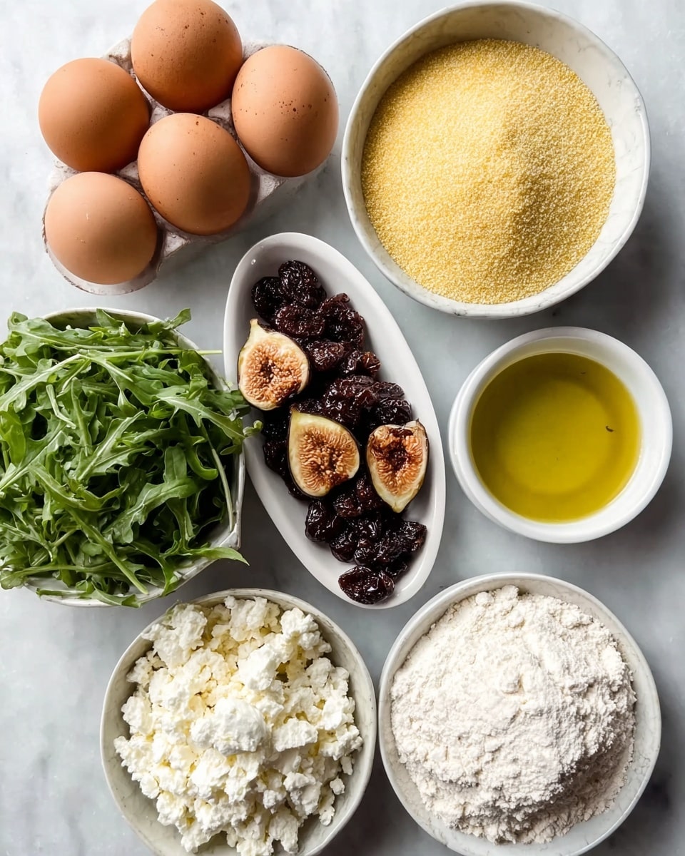 The image shows a collection of ingredients arranged neatly on a white marbled surface. There are four brown eggs grouped together on the top left. To their right, a white bowl holds fine yellow cornmeal with a slightly grainy texture. Below the eggs is a small oval white dish filled with halved dried figs showing a mix of dark brown and beige colors and a wrinkled texture. Next to the figs is a small white bowl of golden olive oil with a smooth, shiny surface. At the bottom right, a white bowl contains white flour mixed with crumbled white cheese, creating a mix of fine powder and chunkier pieces. Near the flour, a smaller white bowl holds shiny, dark dried cherries. Finally, on the bottom left, a bowl of fresh green arugula leaves with a slightly crinkled texture is visible. Photo taken with an iphone --ar 4:5 --v 7