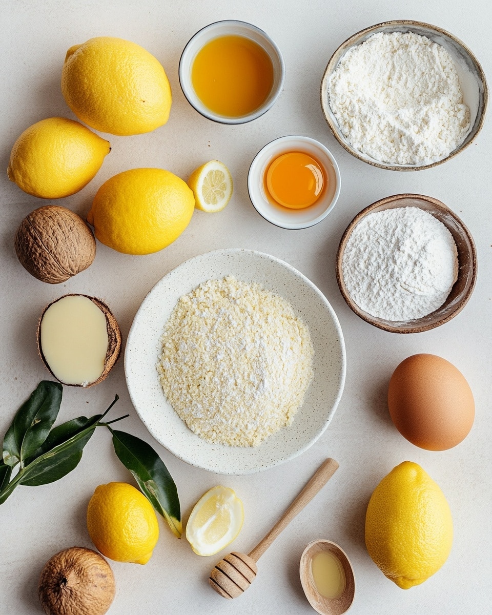 The image shows six white bowls and plates arranged on a white marbled surface with three brown eggs and three yellow lemons with green leaves scattered around. The bowls contain different ingredients: one bowl is filled with white flour piled high with a soft, powdery texture; another has a smooth, light brown creamy paste swirled evenly; a third holds a dark brown liquid that looks thick and shiny; and the smallest bowl contains a white granulated substance with a fine texture. There is also a lemon wedge placed near the top left corner adding a fresh touch. The colors are natural, soft, and well balanced, creating a clean and fresh look. photo taken with an iphone --ar 4:5 --v 7