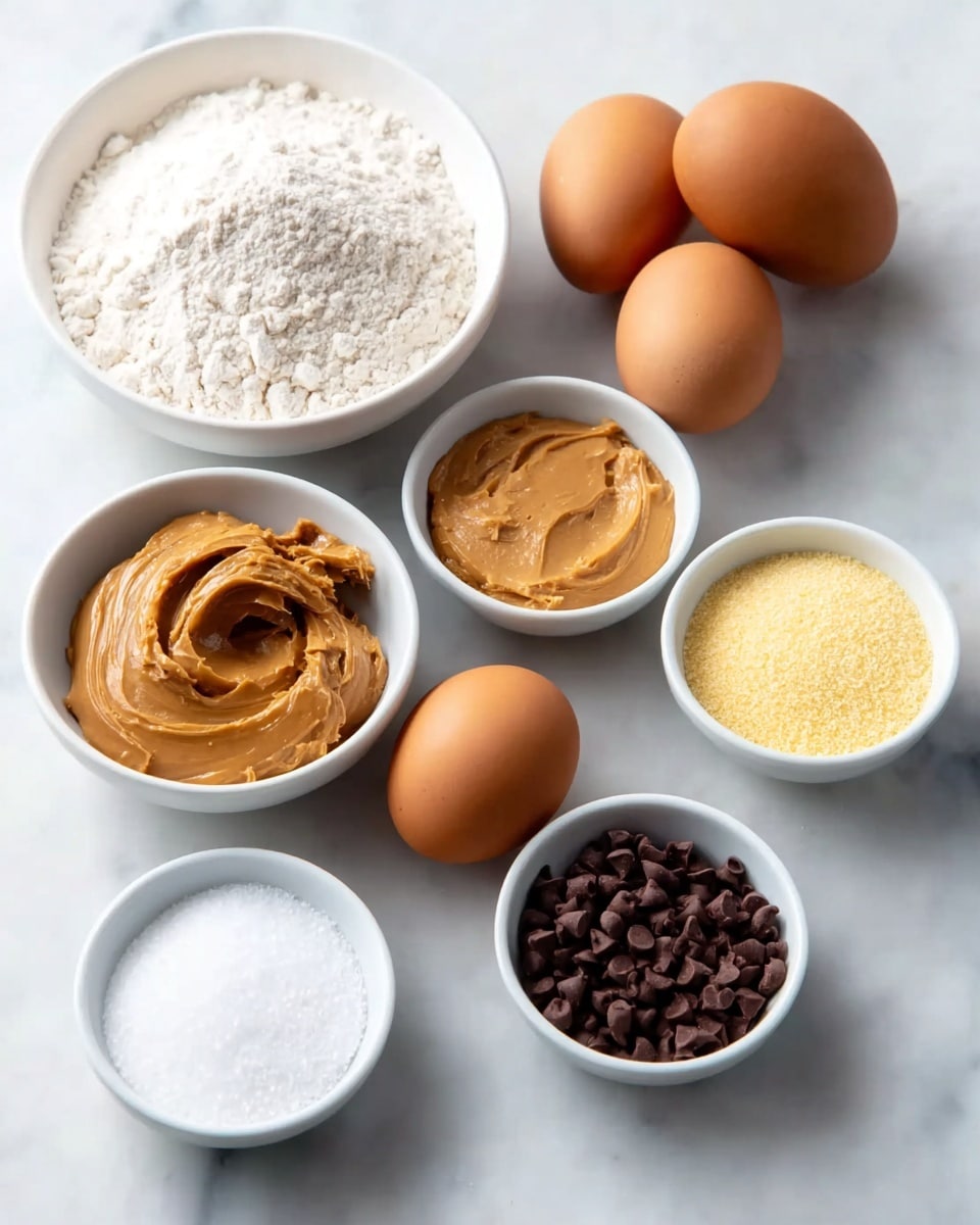 The image shows a group of ingredients placed on a white marbled surface, including a white bowl filled with white flour, two brown eggs close to the center, a white bowl of light brown peanut butter with a smooth texture, a white bowl filled with fine white sugar, another white bowl with yellow granulated substance, a white bowl of dark brown cocoa powder, and a white bowl with small dark chocolate chips. The arrangement is neat, with the ingredients spaced evenly and no visible utensils or additional items. Photo taken with an iphone --ar 4:5 --v 7