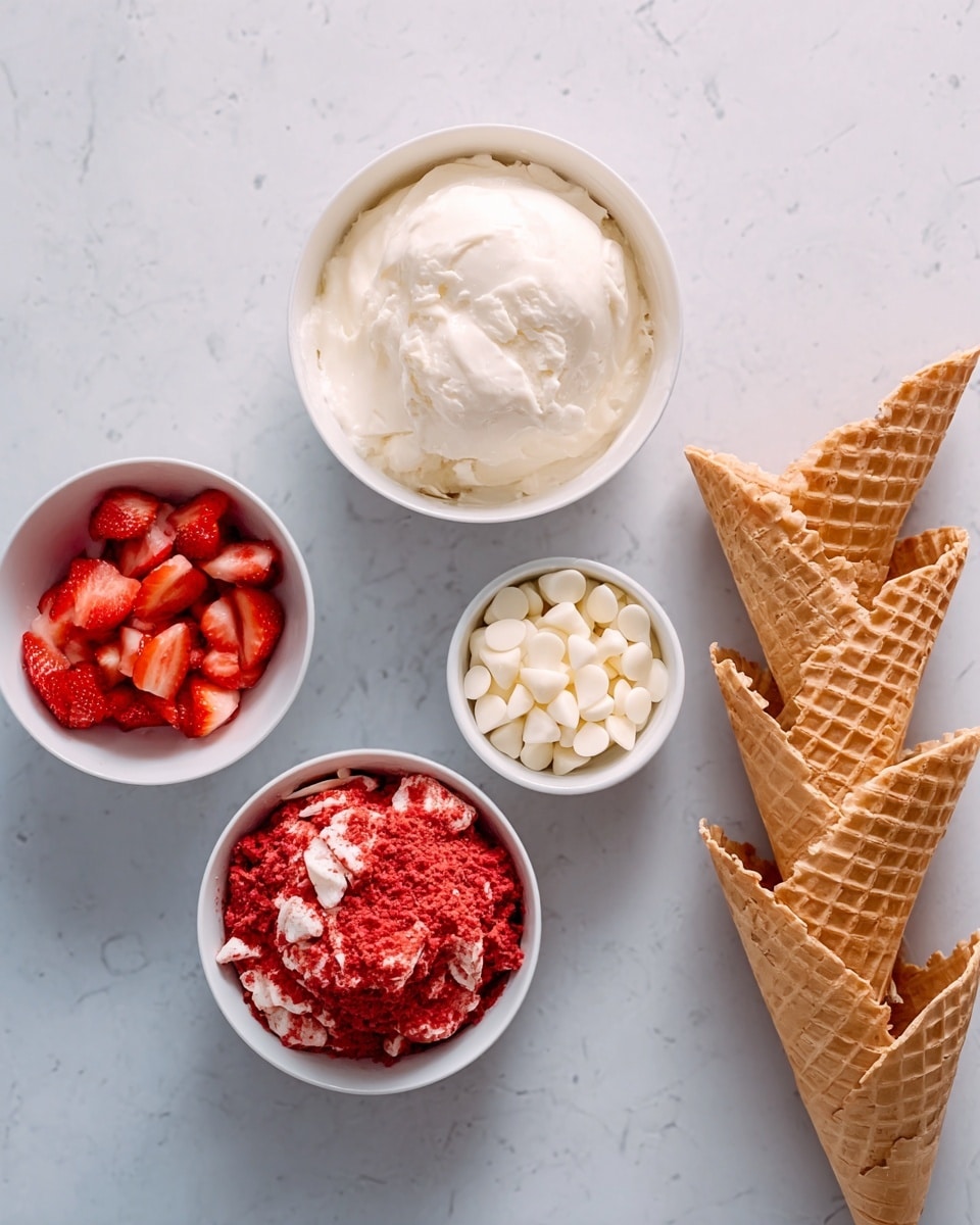 The image shows several white bowls and a stack of waffle cones on a white marbled surface. There is one white bowl with smooth, creamy white mixture, one with whole fresh red strawberry pieces, one with small white chocolate discs, and one filled with a red crumbly topping. Next to the bowls, there is a neat stack of light brown waffle cones arranged diagonally. The colors are soft with the reds and whites contrasting against the light brown cones and white marbled background. photo taken with an iphone --ar 4:5 --v 7