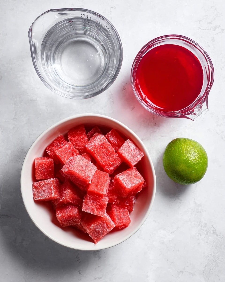 A top view of a white bowl full of bright red frozen watermelon cubes with a layer of frost on them, placed on a white marbled surface. Above the bowl to the left, there is a clear glass measuring cup with clear water showing smooth surface reflections. To the right of the water is another clear glass measuring cup filled with a bright red liquid, showing shiny reflections. Below and to the right of the red liquid, there is a whole fresh lime with a smooth green skin, adding a pop of color. The scene is set on a clean white marbled surface, with no other items in view. photo taken with an iphone --ar 4:5 --v 7