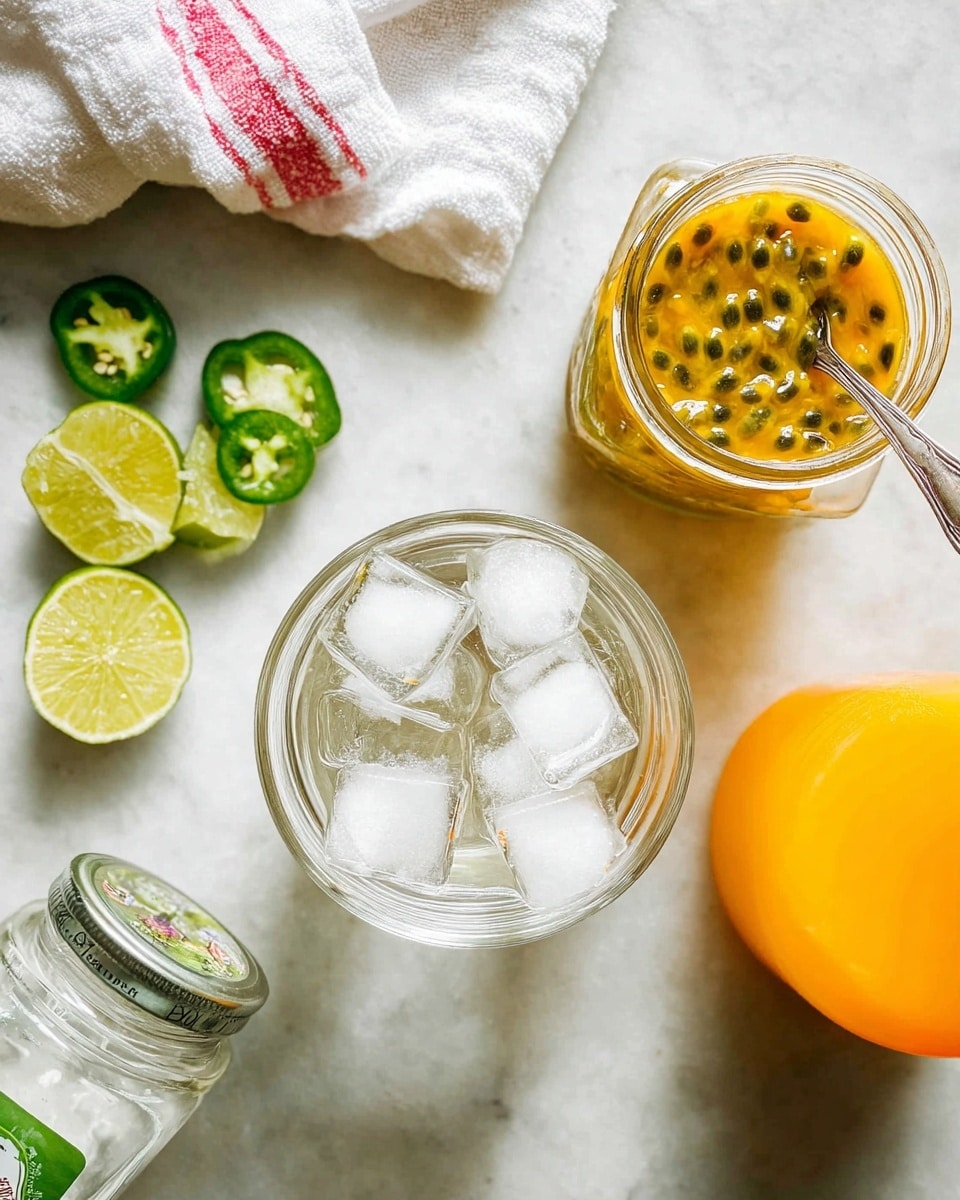 A top-down view shows a clear glass filled with large, clear ice cubes placed near the center on a white marbled surface. To the left are three slices of green jalapeño and two lime wedges with bright green skin and pale yellow inside. Above them is a small clear glass jar filled with yellow-orange passion fruit pulp and black seeds, with a spoon resting inside. To the right of the ice-filled glass is a tall clear jar filled with orange juice. At the bottom right corner, there is a tilted clear bottle with a green label. A crumpled white towel with red stripes is folded at the top near the jars. Photo taken with an iphone --ar 4:5 --v 7