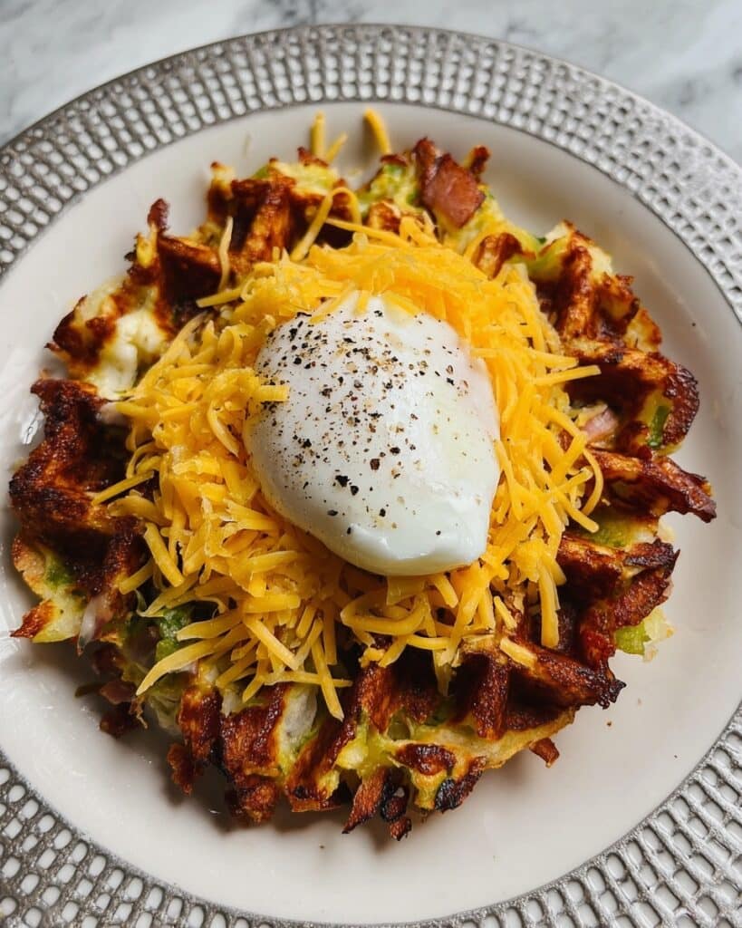 Loaded Potato Waffles with Broccoli, Cheddar, and Deli Ham Recipe