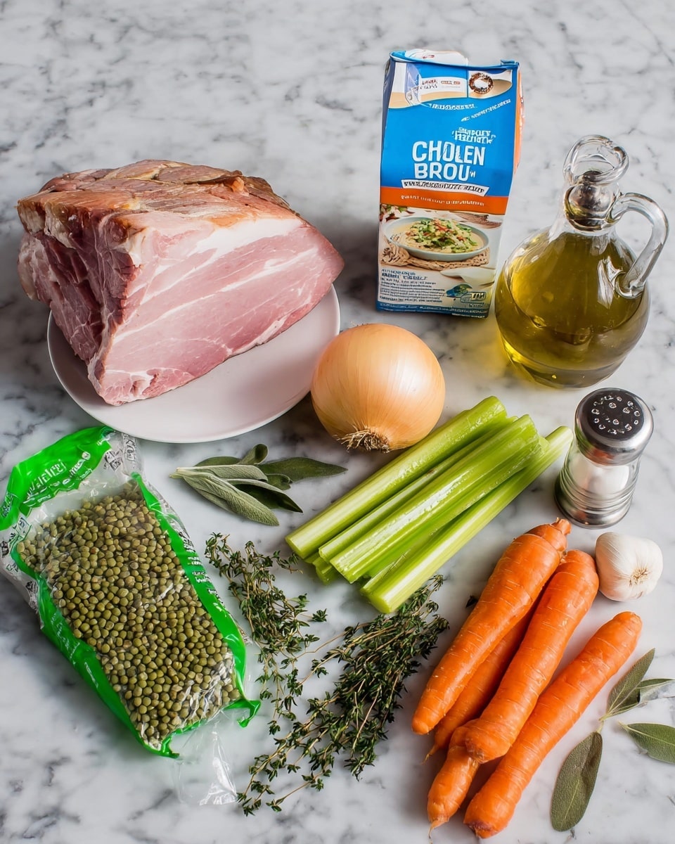 The image shows several ingredients arranged on a white marbled surface. On the left, there is a large piece of cooked ham sitting on a small white round plate. Next to it is a carton of unsalted chicken broth with blue and orange labels. In front of the broth is a whole yellow onion. To the right of the onion is a clear glass oil bottle with a metallic spout. Next to the oil is a green and white plastic bag of green split peas. In front of the bag are two large orange carrots placed horizontally, with several celery sticks beside them. In front of the celery are fresh parsley and thyme sprigs with a few bay leaves and a small piece of garlic near the bottom. On the far right is a clear pepper grinder. The background is white marble. photo taken with an iphone --ar 4:5 --v 7