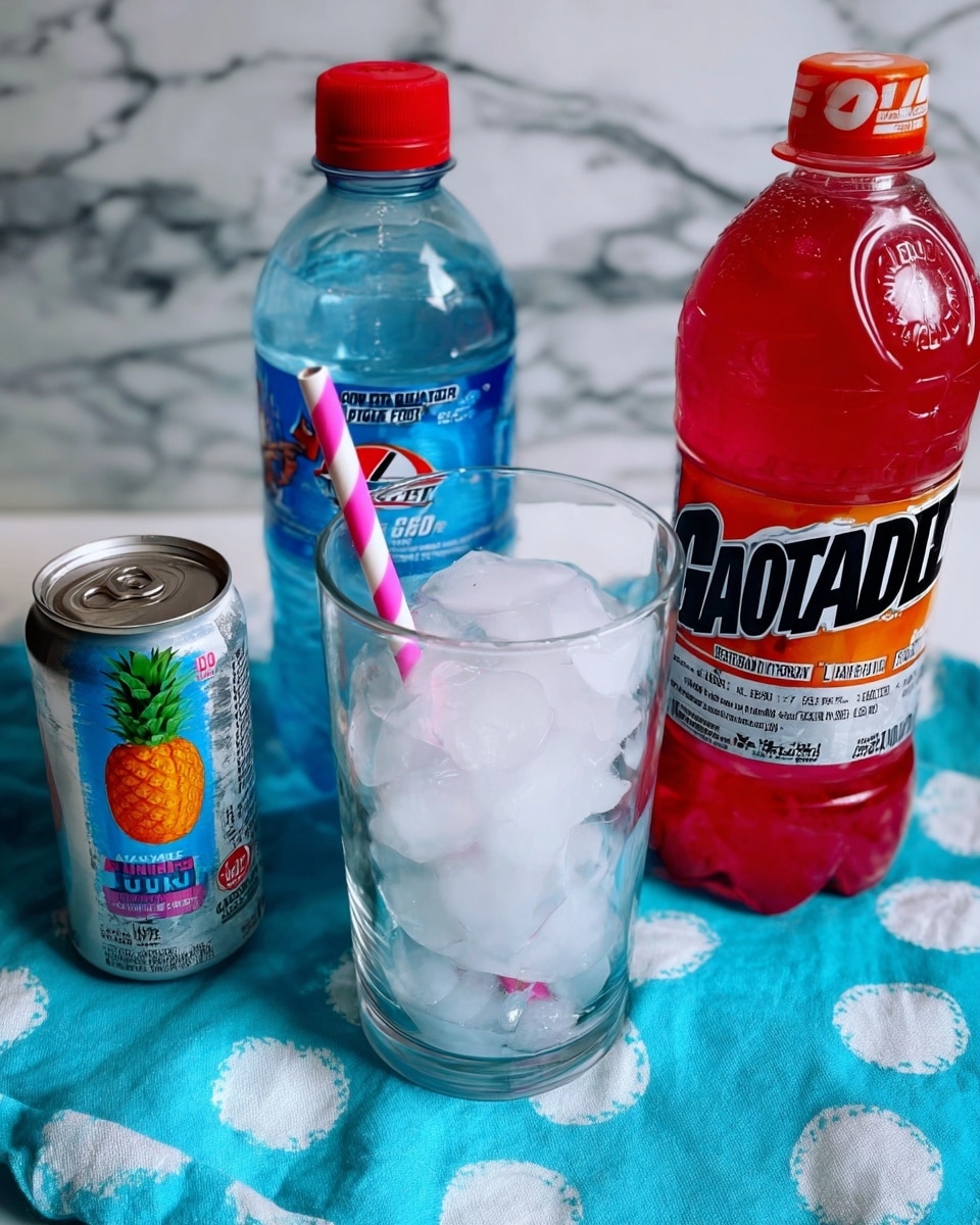 A clear tall glass is filled with many white ice cubes, and a pink and white striped straw is inside the glass. To the left of the glass, there is a small silver can with a blue label showing a pineapple and the words 