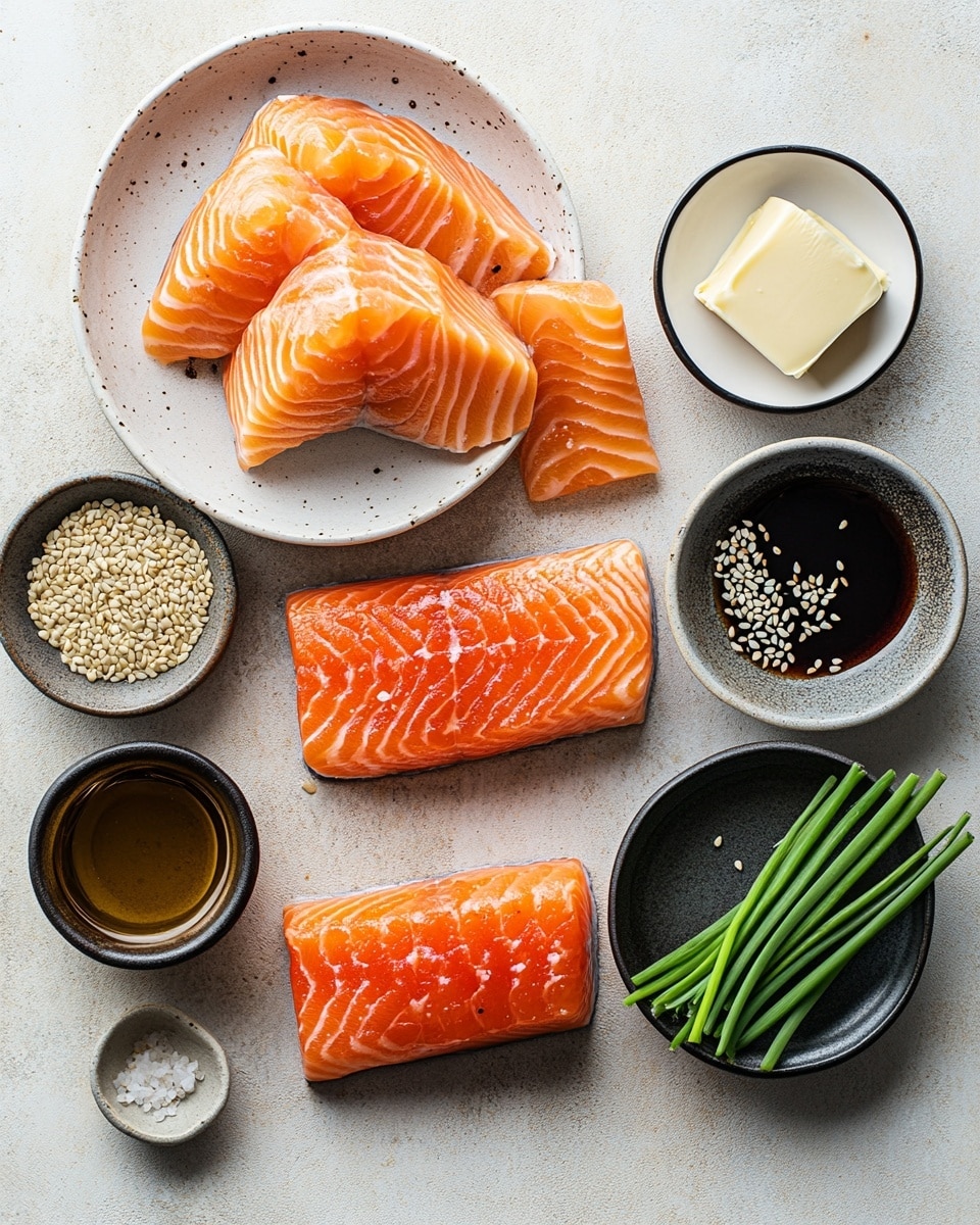 Small orange-brown glazed cubes of salmon are spread on a shiny black plate. Each cube has a bright, sticky sauce, with visible sesame seeds and small green pieces of chopped scallions scattered on top. The salmon pieces have a slightly crispy texture and a shiny, moist surface, showing a mix of burnt and glossy areas. The plate sits on a surface with a white marbled texture. In the blurred background, garlic cloves add to the rustic feel. photo taken with an iphone --ar 4:5 --v 7