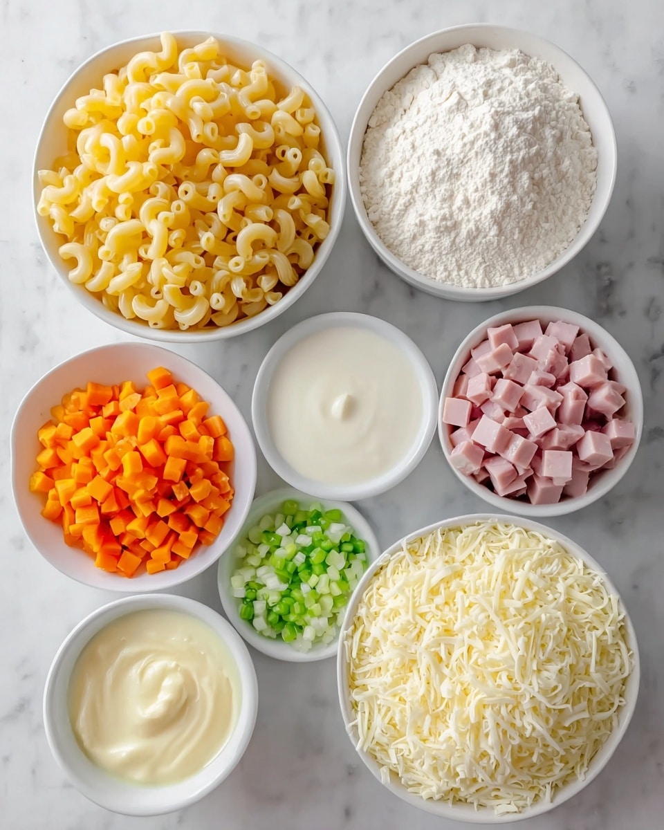 The image shows eight white bowls arranged closely on a white marbled surface. The largest bowl near the bottom left holds cooked macaroni pasta, which is pale yellow and smooth. To its right, a medium bowl is filled with shredded white cheese, soft and thin. Above the cheese, another medium bowl contains diced ham pieces that are light pink with a firm texture. Near the top right, a large bowl holds a creamy white liquid. Next to it, a small bowl contains a pale yellow spread resembling butter. To the left of the butter, there's a bowl filled with white flour that has a fine, powdery texture. Below the flour, a smaller bowl shows diced bright orange carrots. At the bottom left, a small bowl contains finely chopped celery and onion, white and green in color. All bowls are white and neatly arranged on the clean white marbled surface photo taken with an iphone --ar 4:5 --v 7
