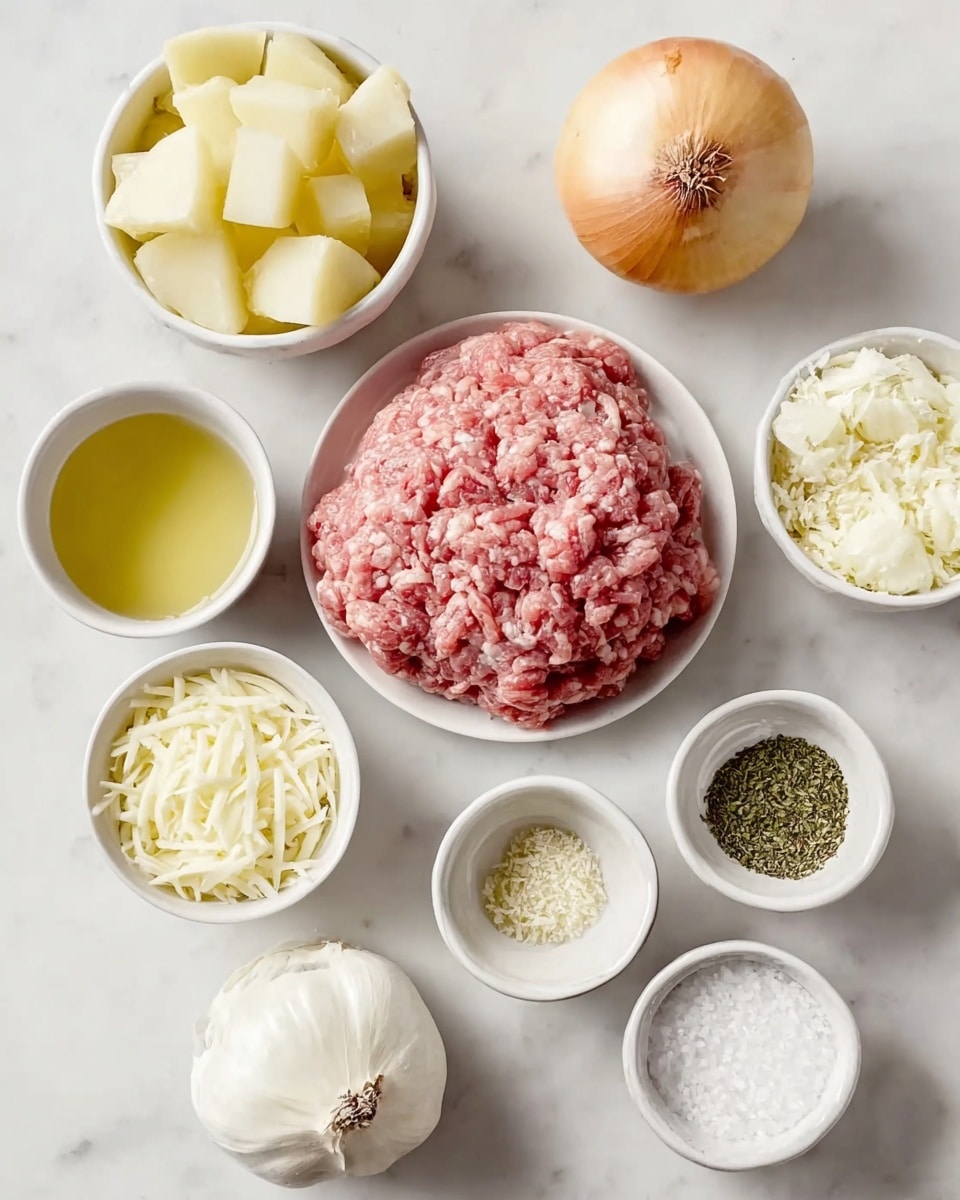 The image shows various ingredients arranged on a white marbled surface. In the middle, there is a square-shaped pile of pink ground meat with white fat marbling. Surrounding it are small white bowls containing different ingredients: one bowl with chopped white onions to the right, a bowl with shredded yellowish cheese at the bottom right, a bowl with white salt crystals at the bottom left, and a bowl with green dried herbs at the left. Near the top left, there are chunky yellow potato pieces in a white bowl and a whole, round brown onion beside it. Near the top center, there is a white ramekin with a small amount of light yellow liquid. Lastly, a whole head of garlic sits on the surface near the right edge. All items are placed carefully with soft natural light highlighting their textures photo taken with an iphone --ar 4:5 --v 7