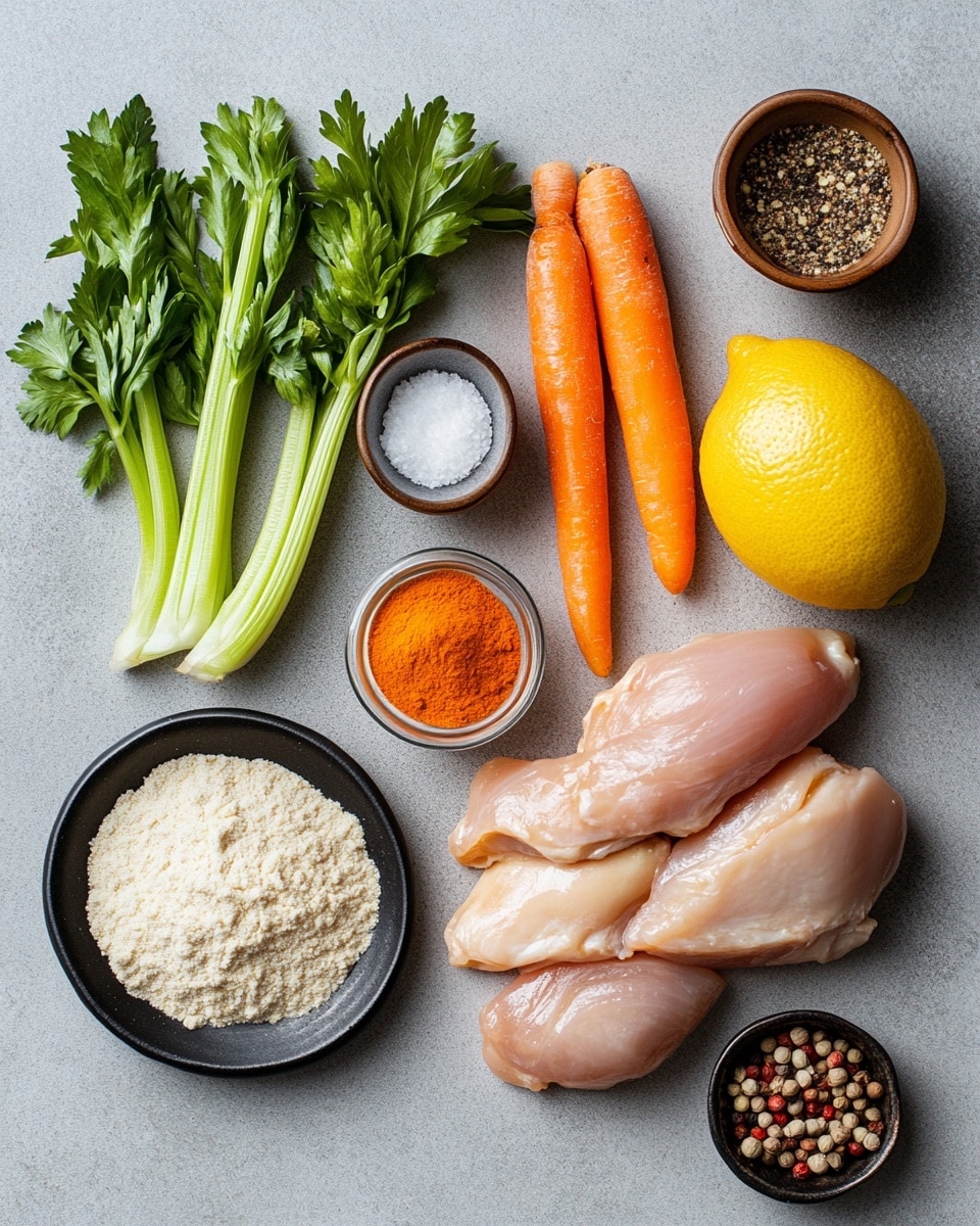 A white bowl filled with clear chicken soup showing several layers: at the bottom, shredded light brown chicken pieces, orange carrot slices, and pale green celery chunks mixed with bits of cooked rice. The soup broth is light golden yellow and clear. On top near the edge, there is a bright yellow lemon wedge, and a silver spoon with an orange handle is dipping into the soup, holding a carrot slice. Fresh green herbs, including a small bunch of mint and shredded basil, are placed on one side of the bowl. The bowl sits on a white marbled surface photo taken with an iphone --ar 4:5 --v 7