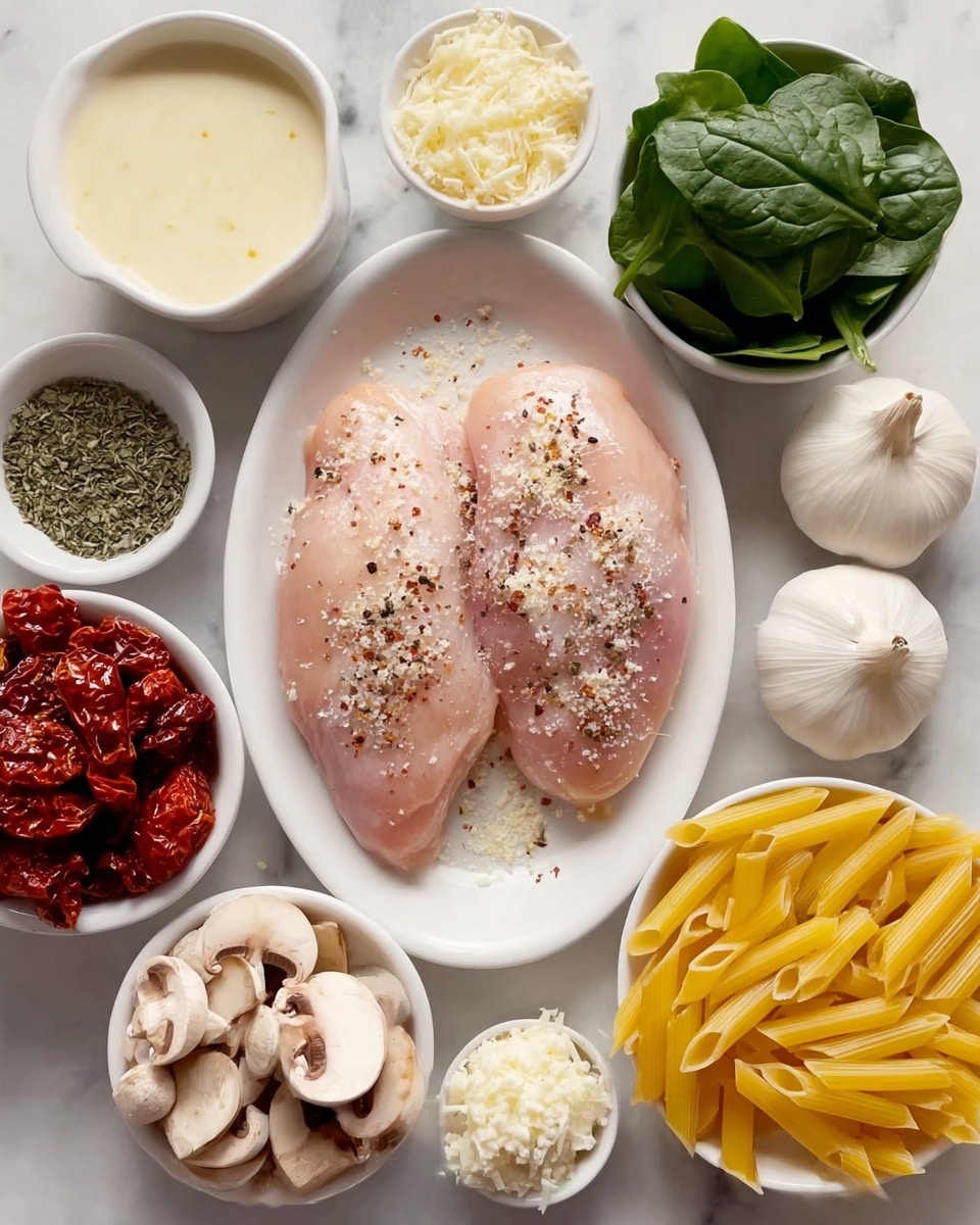 The image shows a white oval plate with two raw chicken pieces lightly seasoned with black pepper in the center, surrounded by small white bowls holding different ingredients: creamy light beige sauce in the top left, fresh green spinach leaves at top right, off-white cottage cheese below the sauce, dark green dried herbs below the cottage cheese, brown sliced mushrooms at bottom left, bright yellow penne pasta at bottom right, sun-dried red tomatoes to the right of the chicken, and two full white garlic bulbs next to the spinach. All items are arranged on a white marbled surface photo taken with an iphone --ar 4:5 --v 7